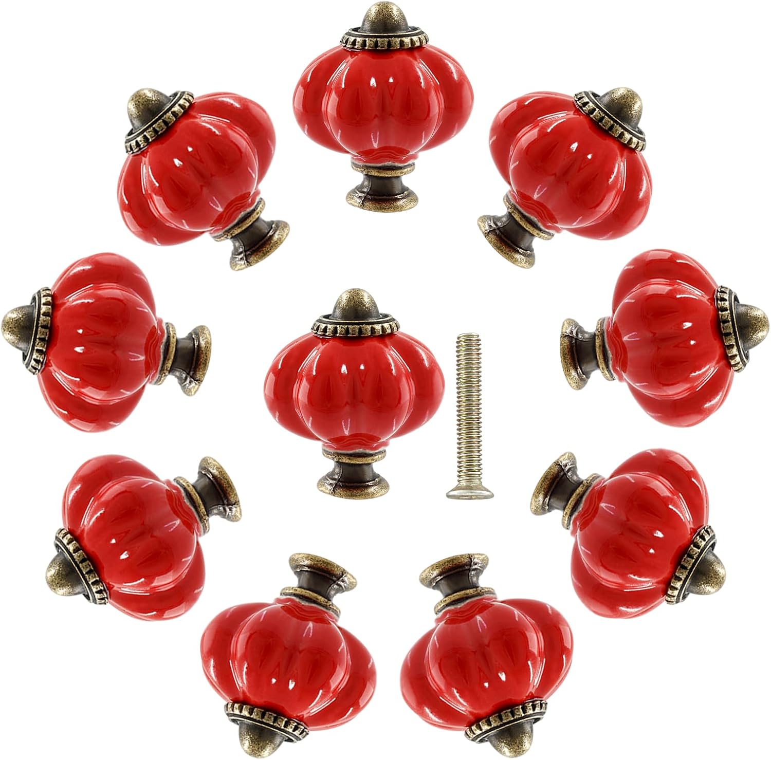 10Pcs Pumpkin Knobs,Vintage Ceramic Knobs for Cabinet and Drawers,Mini Pumpkin Dresser Knobs with Mounting Screws,Red Closet Door Knobs Pull Handles for Decor