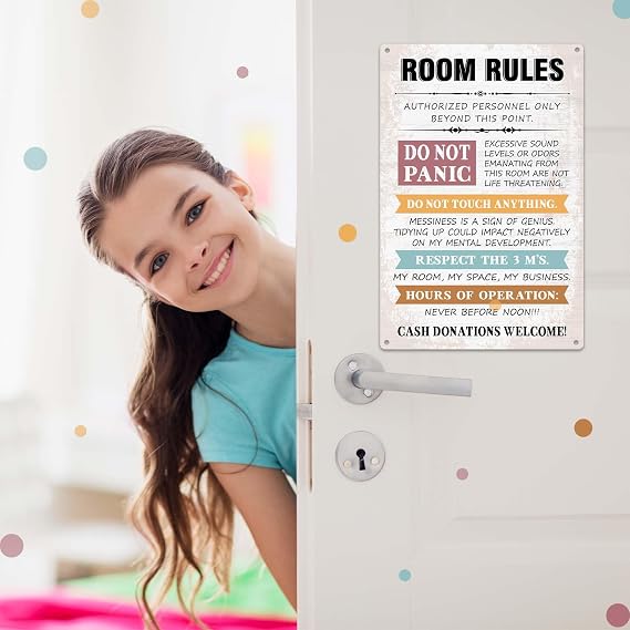 Funny Room Rules Sign for Teen Girls, Teen Girl Room Decor Aesthetic Signs, Cute Preppy Bedroom Door Decor, Cool Stuff, 11.8 x 7.9 inches Metal Aluminum Rules Signs