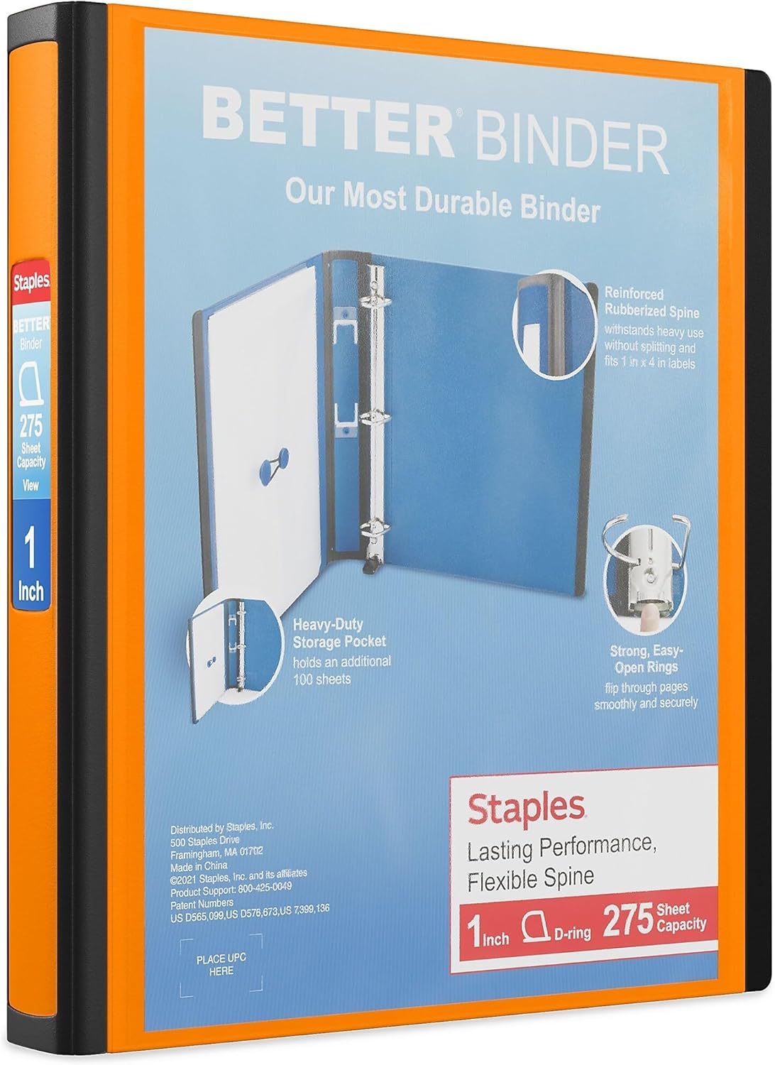 Staples Better Binder, 1" Heavy‑Duty D‑Ring 3‑Ring Binder, Orange, Reinforced Spine, 275‑Sheet Capacity, Durable Organizer for Classes, Office & Projects, 3‑Pack