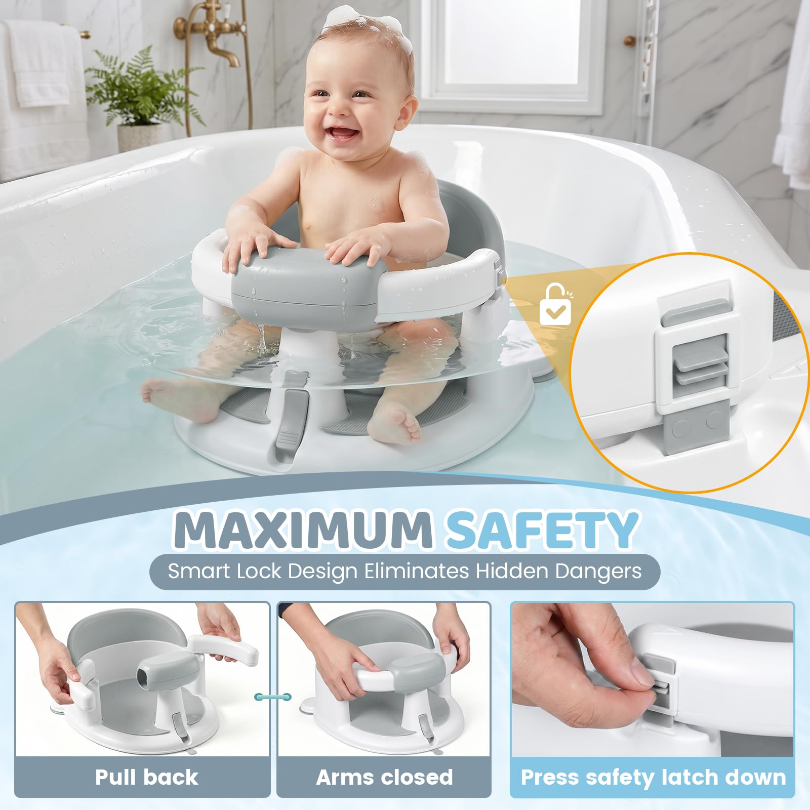 Orzbow Asiento Bañera Bebe de 6 a 24 Meses con Pegatina Temperatura, Gris
