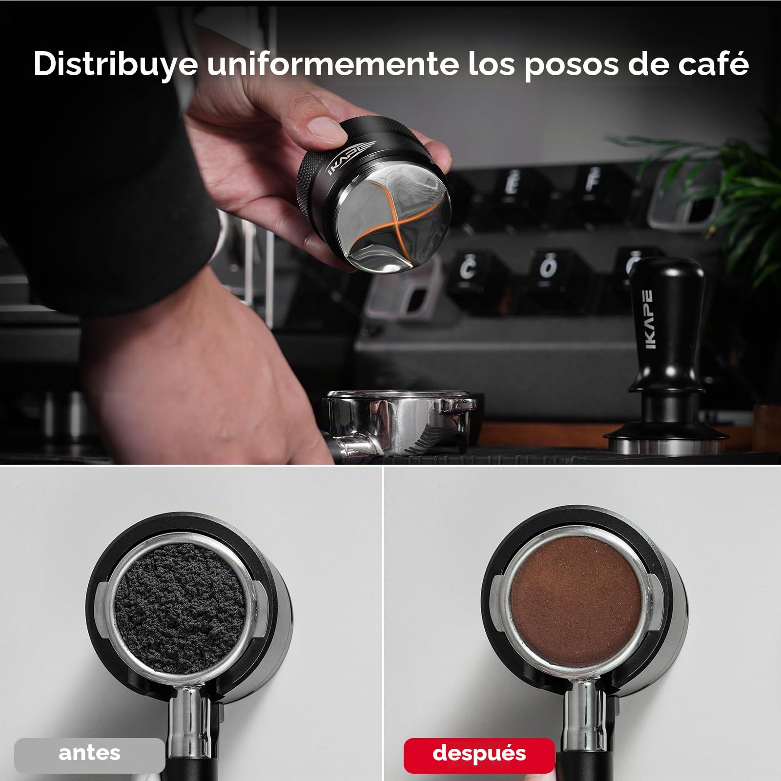 IKAPE Coffee Products, Distribuidor de café de 51 mm, distribuidor de espresso adaptable a la gravedad que se adapta a todos los portafiltros de espresso de 51 mm, compatible con portafiltro sin fondo