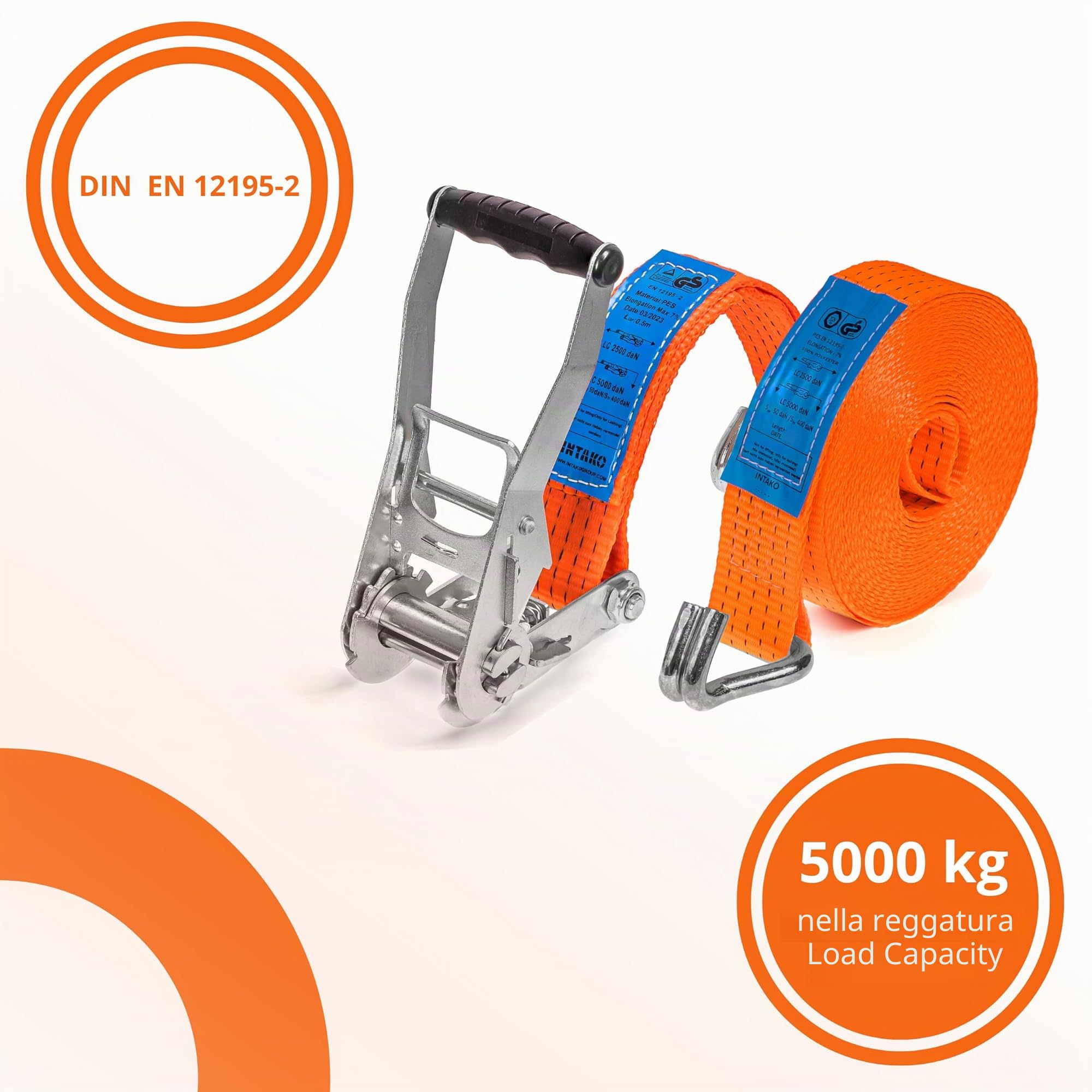 INTAKO 4/6/8/10/12m Cinghie a Cricchetto Professionali 5000kg x 50mm - Set di 4 Cinghie di Fissaggio con Cricchetto e 4 Angolari di Protezione - Fasce a Cricchetto per Camion (8m)