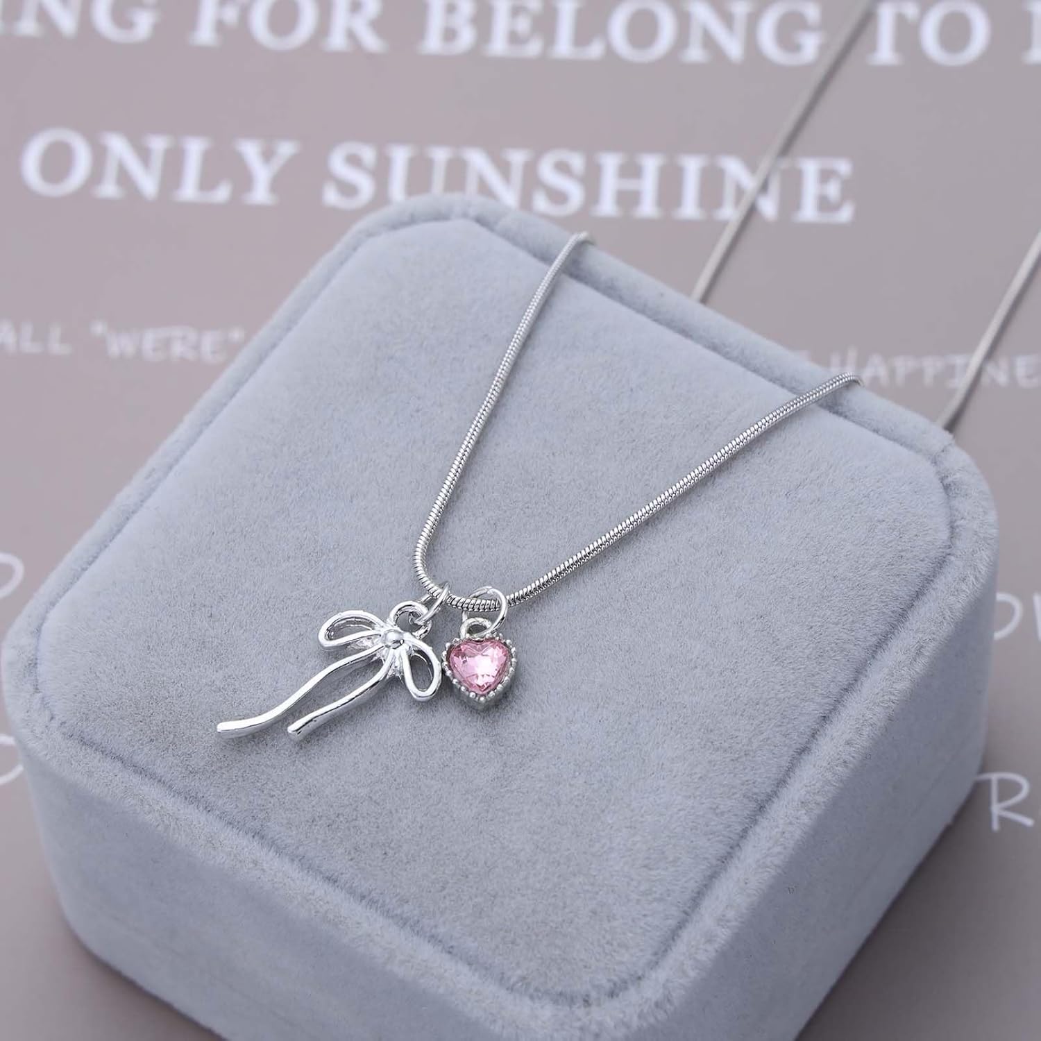 Bohemian Bow Heart Choker Necklace Pink Crystal Heart Pendant Necklace Silver Bow Tie Sleek Chain Necklace Round Snake Bone Chain Necklace Jewelry for Women - Image 3