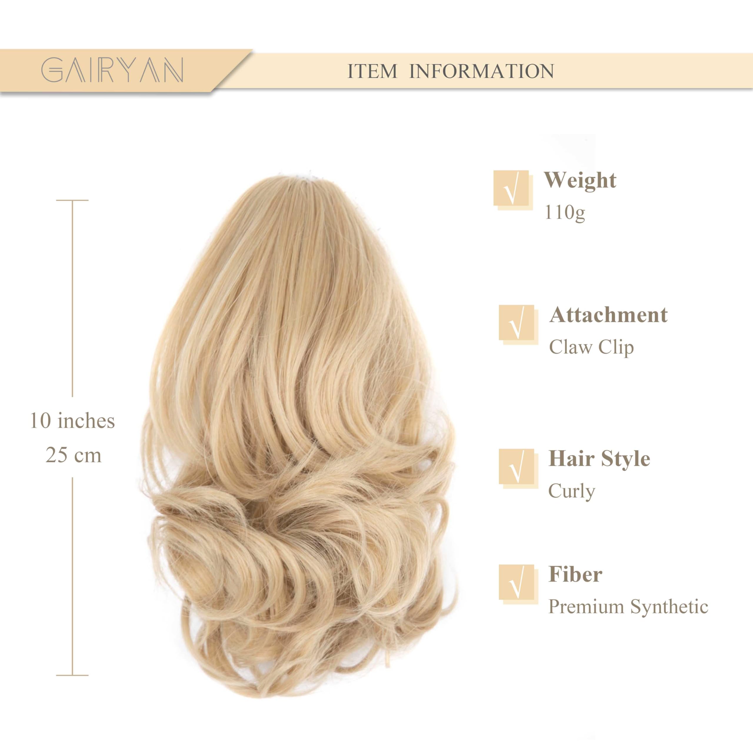 Gairyan 10" Clip in Ponytail Hair Extensions Curly Ponytail Extension Claw on Pony tails Wavy Synthetic Hairpieces for Women Real Natural Short Wave Ash Blonde mix Bleach Blonde - Image 2