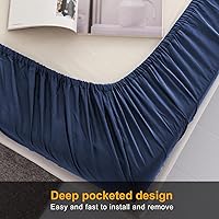 Vista 5 de MILDLY Sábana bajera ajustable de bolsillo profundo solamente, tamaño Queen 60"x80", 100% algodón de fibra larga, azul marino, sábana inferior