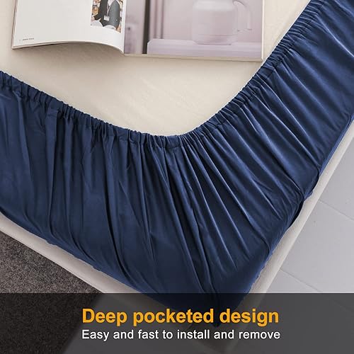 Miniatura 5 de MILDLY Sábana bajera ajustable de bolsillo profundo solamente, tamaño Queen 60"x80", 100% algodón de fibra larga, azul marino, sábana inferior