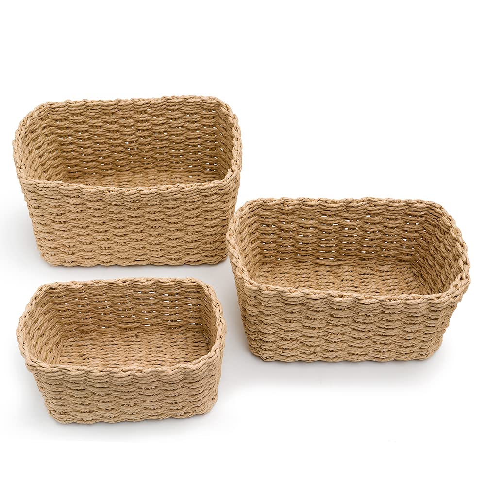 EZOWare Lot de 6 Paniers de Rangement Tissé, Doux Boîtes Conteneurs Décoratif en Corde de Papier pour Maison, Chambre d'Enfant, Salle de Bain, Bureau et plus – Beige, 3 tailles