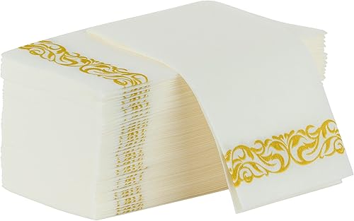 Party Bargains Toallas desechables de lino para invitados, paquete de 50, 13 x 16 pulgadas, color blanco con estampado de encaje dorado, toallas de disponible en Yaxa Colombia