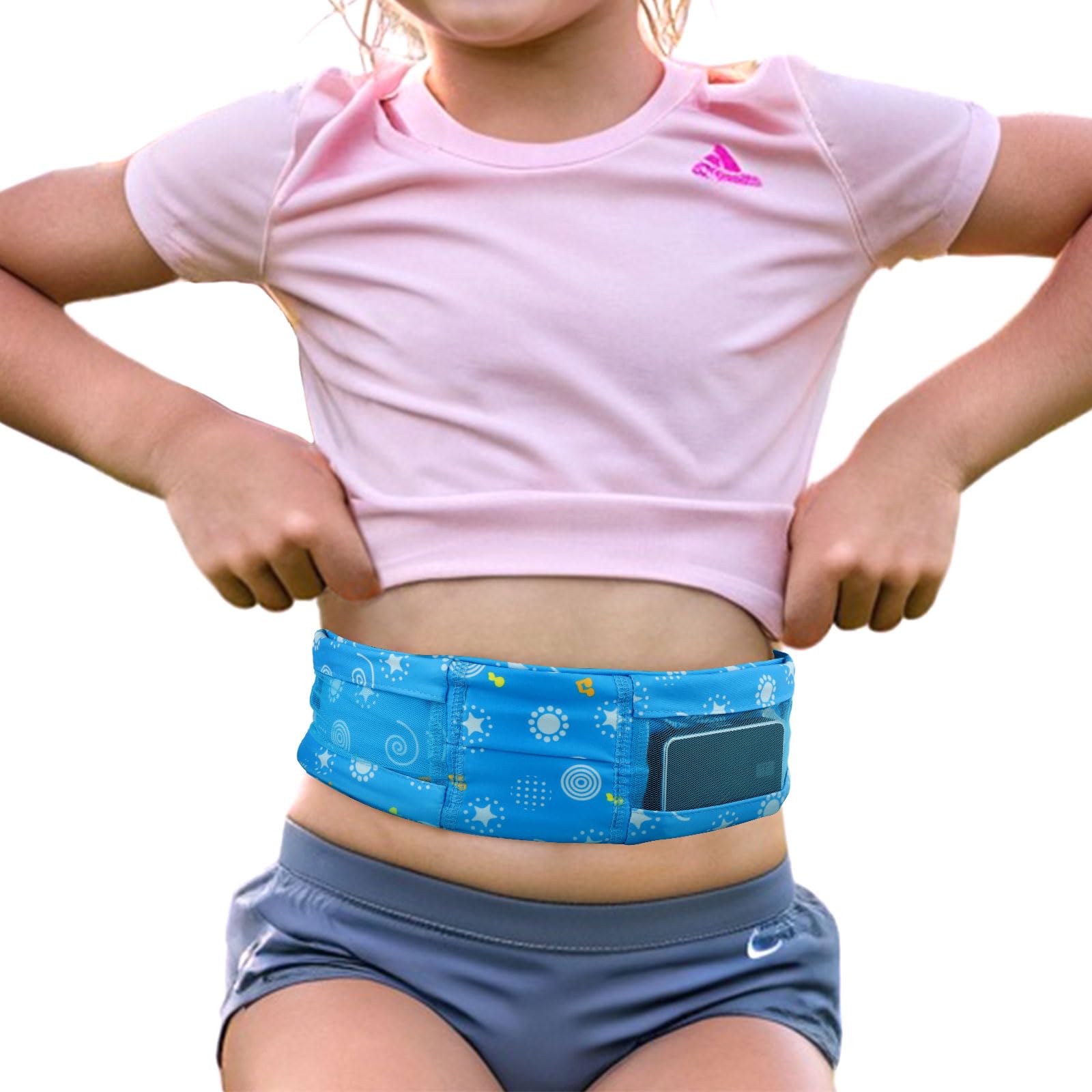 iGuerburn Diabetic Pump Belt for Kids - Adjustable Insulin Pump Belt for T1 Diabetics Children - Soft Sports & Sleep Waist Band with Mesh Pockets, No Buckle Strap Holder (S:17"-25") - Blue
