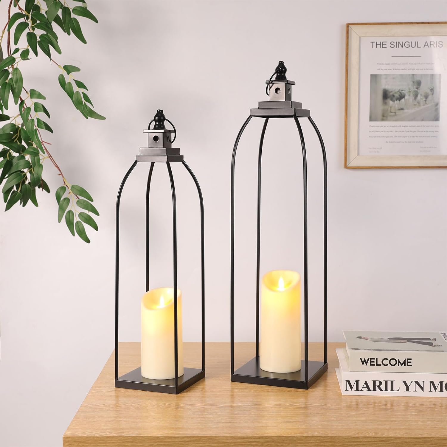 DARJEN 19'' 22'' Decorative Candle Lanterns, Large Farmhouse Decorative Metal Lanterns with 2 Flameless Candles, Black Candle Lanterns for Home Porch Fireplace Decor & Indoor and Outdoor Use