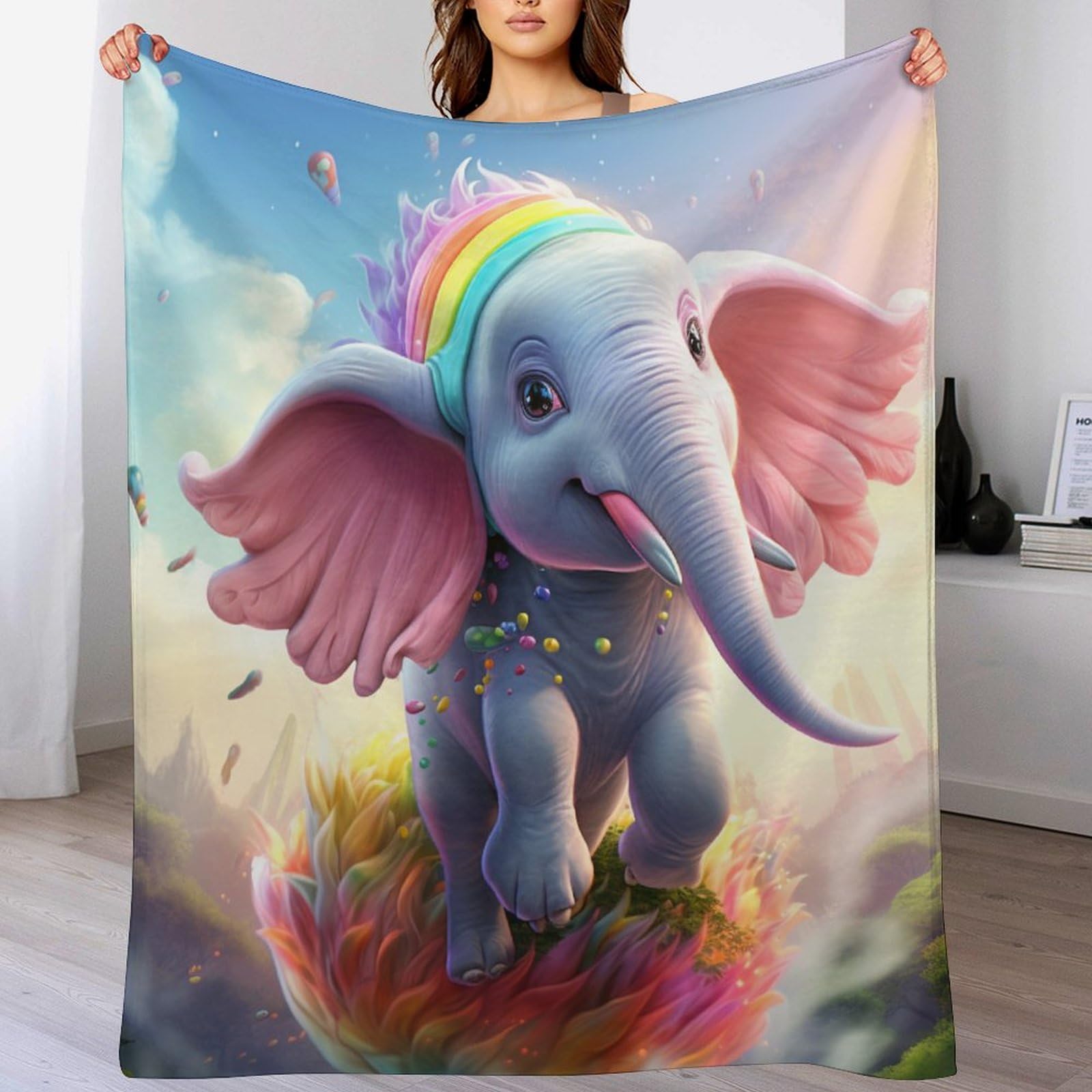 Couverture éléphant anti-frissons en flannel, plaid chaud pour canapé 100x130cm