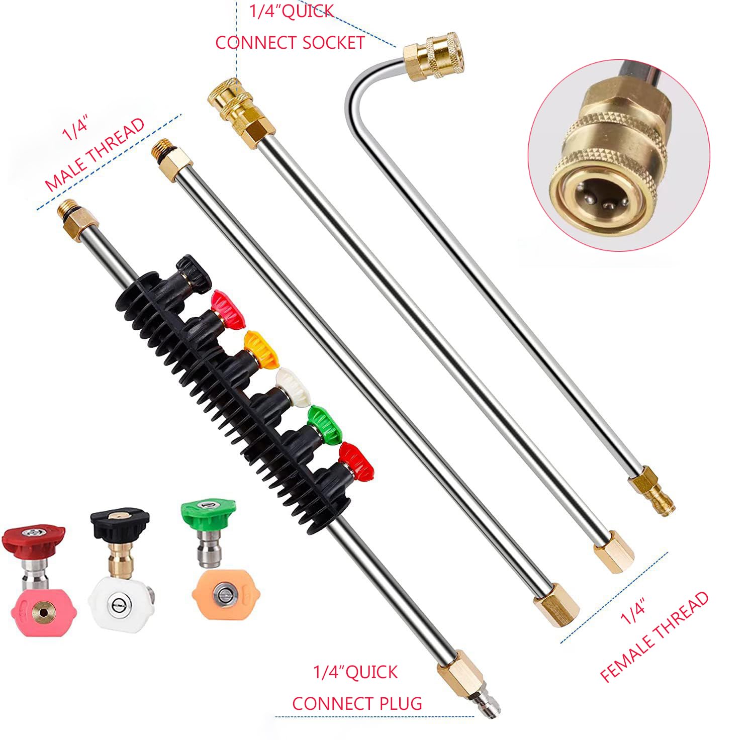 Rallonge pour Nettoyeur Haute Pression, 4000PSI Outil de Nettoyage de Toiture et de Gouttières, Barres d'extension with Tiges Incurvées & 6 Embouts de Buse, Baguette d'extension à Raccord rapide 1/4"