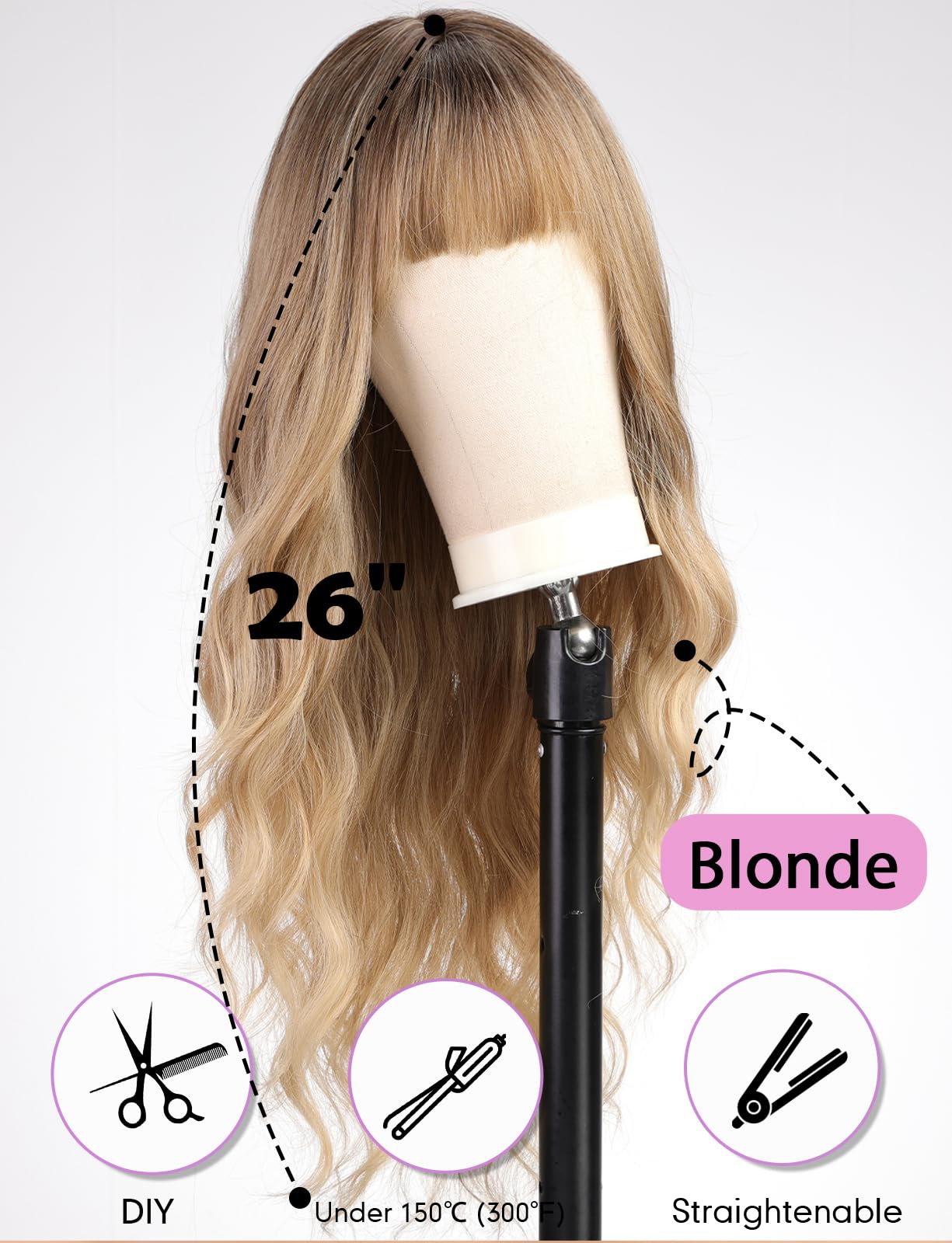 WOKESTAR Long Golden Brown Wigs for Women Synthetic Hair Wavy Wig with Fringe - Image 4