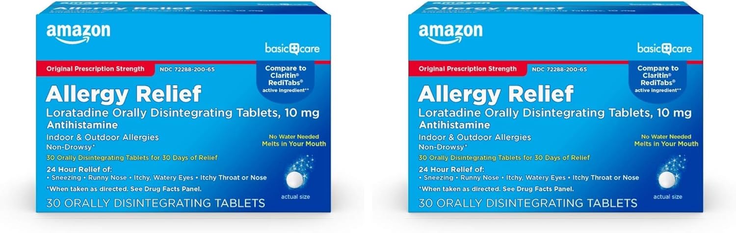 Amazon Basic Care Loratadine Orally Disintegrating Tablets, 10 mg, Antihistamine, Allergy Medicine, 24 Hour Relief, 30 Count (Pack of 2)