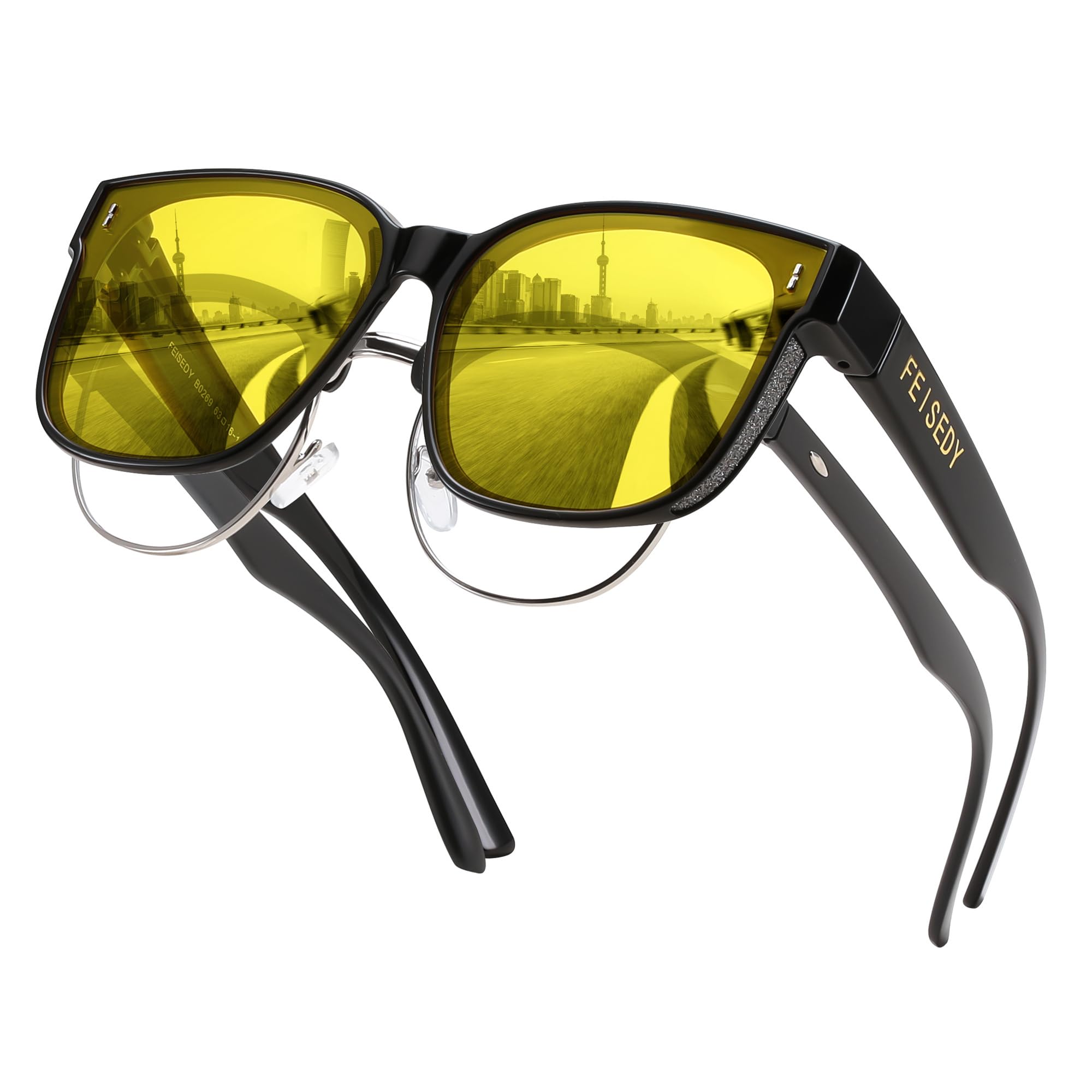 FEISEDY 2Pcs Night Driving Glasses Over Glasses Anti-Glare Polarized UV400 | Oversized Fit Over Glasses for Women Men, Nighttime Eyeglasses, Yellow Tinted Sunglasses B0331