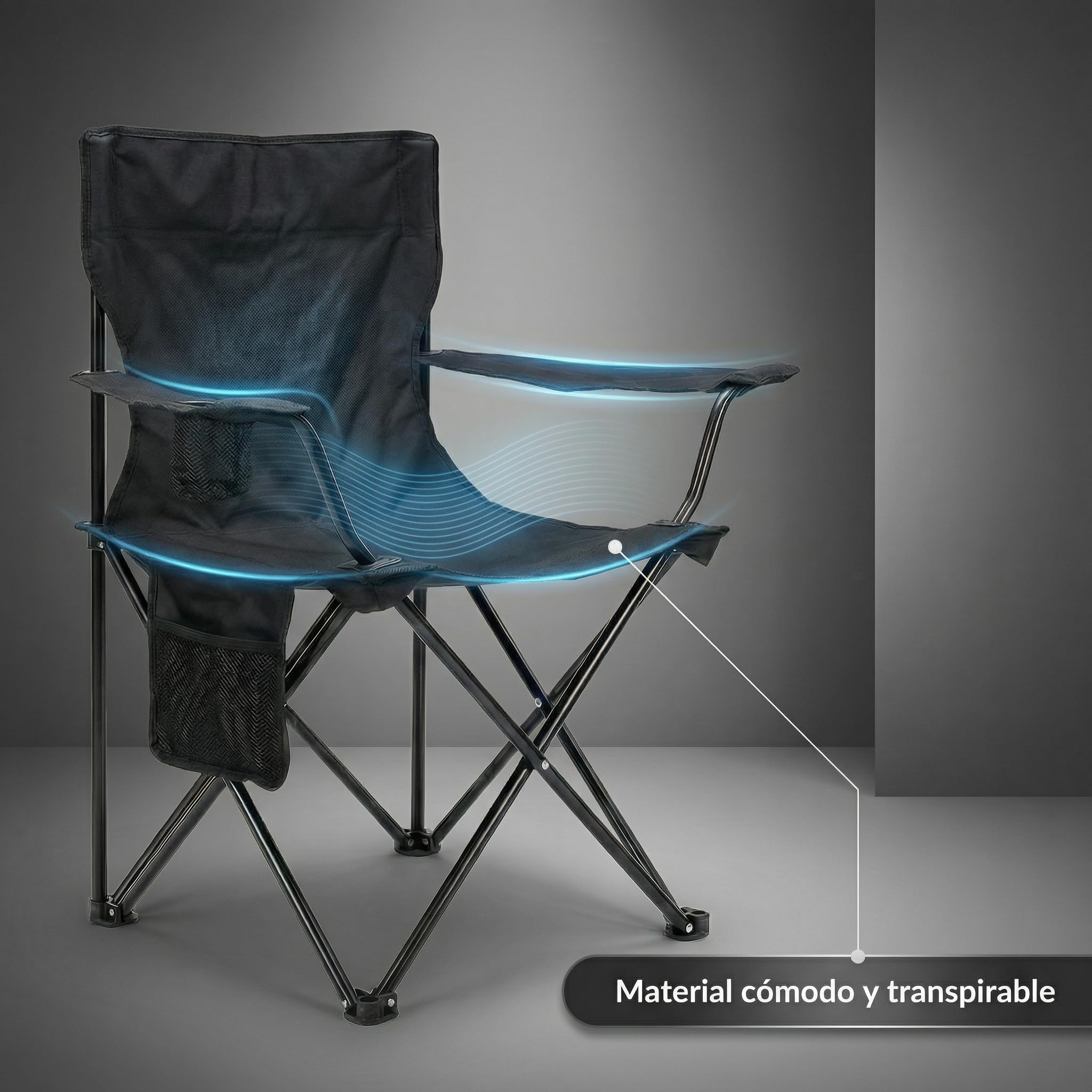 Silla Plegable de Camping con Respaldo y Reposabrazos 48x49x80 cm, Portavasos y Bolsillo, Ultraligera Portátil para Playa, Pesca, Jardín y Excursiones – Incluye Bolsa (Negro, Pack de 2)