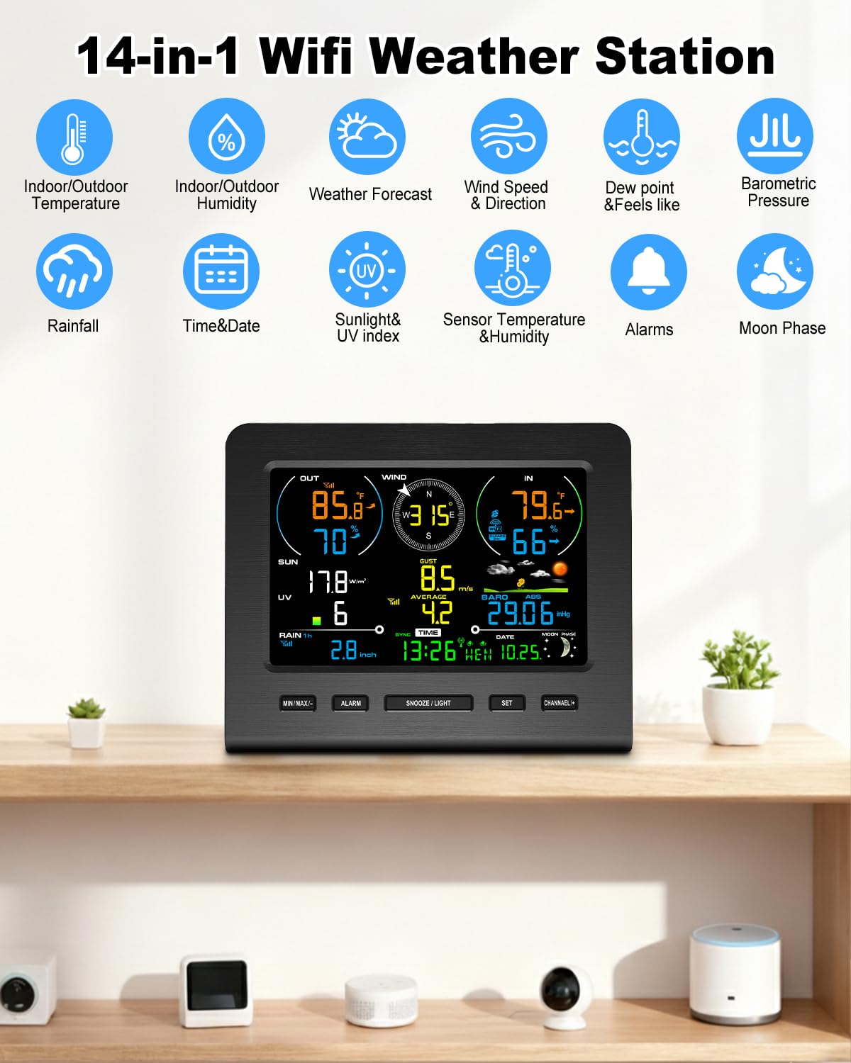 Urageuxy Weather Station, Weather Stations Wireless Indoor Outdoor with 7-in-1 Outdoor Sensor, Smart WiFi Weather Monitor-Rain Gauge, Wind Speed, Temperature, Humidity, UV, Light, Weather Forecast - Image 5