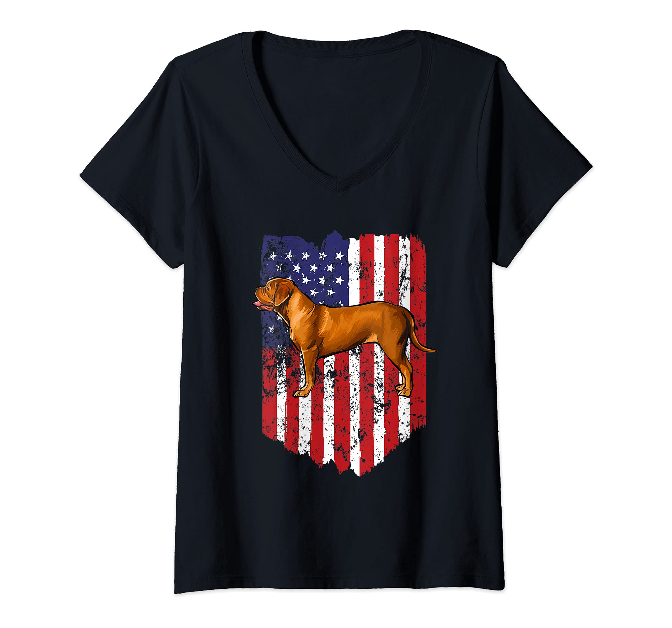 Womens American Flag Dogues de Bordeaux 4th Of July USA V-Neck T-Shirt, Black