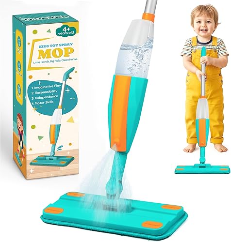 Kids Spray Mop, Mini Mop with Real Sprayer and Washable Microfiber Pads, Toddler Pretend Play Cleaning Toy Gift for Girls Boys