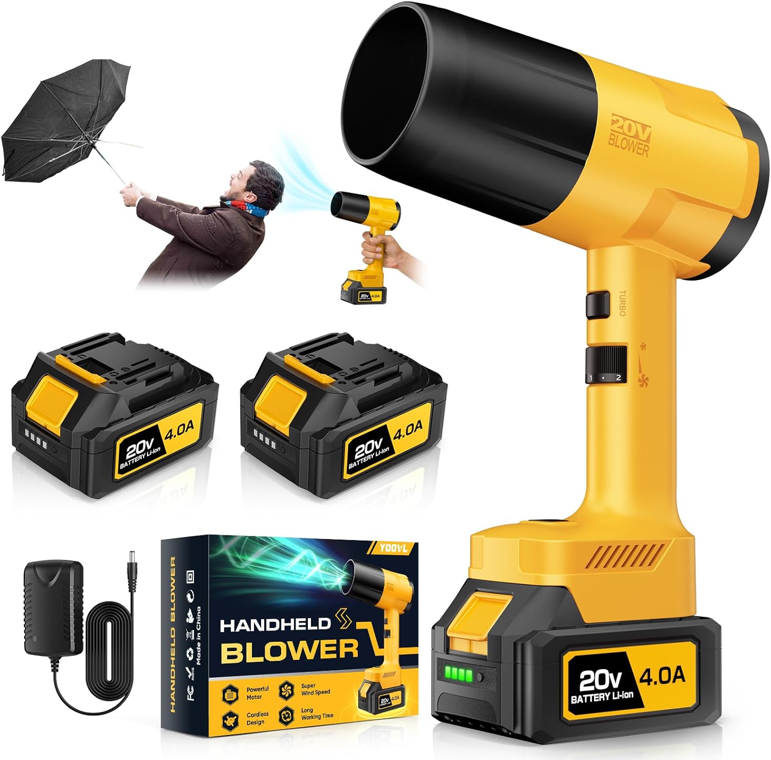 leaf blower cordless, handheld leaf blower with 2 battery and charger, 6 speed modes, lightweight blower for patio, lawn, yard, dust, blowing leaves yellow