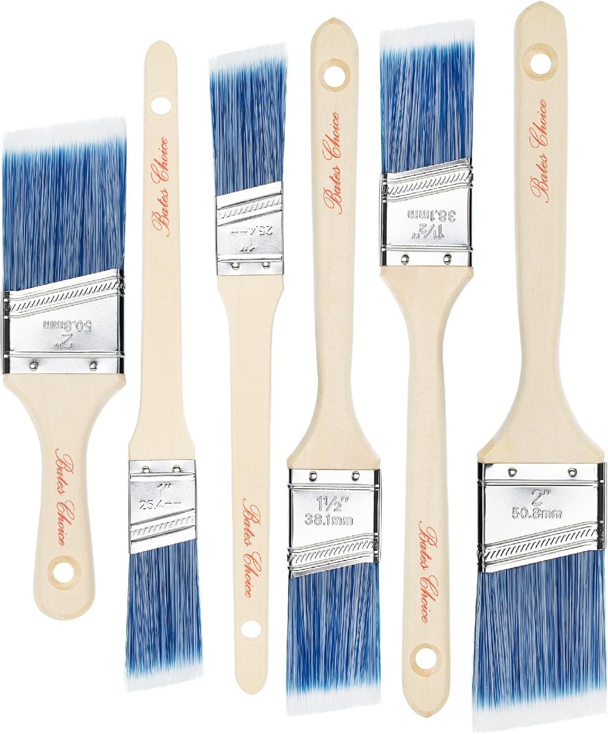 Bates Paint Brushes – 6 Pack, 1″, 1.5″, 2″ Angle Brushes, Treated Wood Handle for Walls, Stain & Furniture Painting
