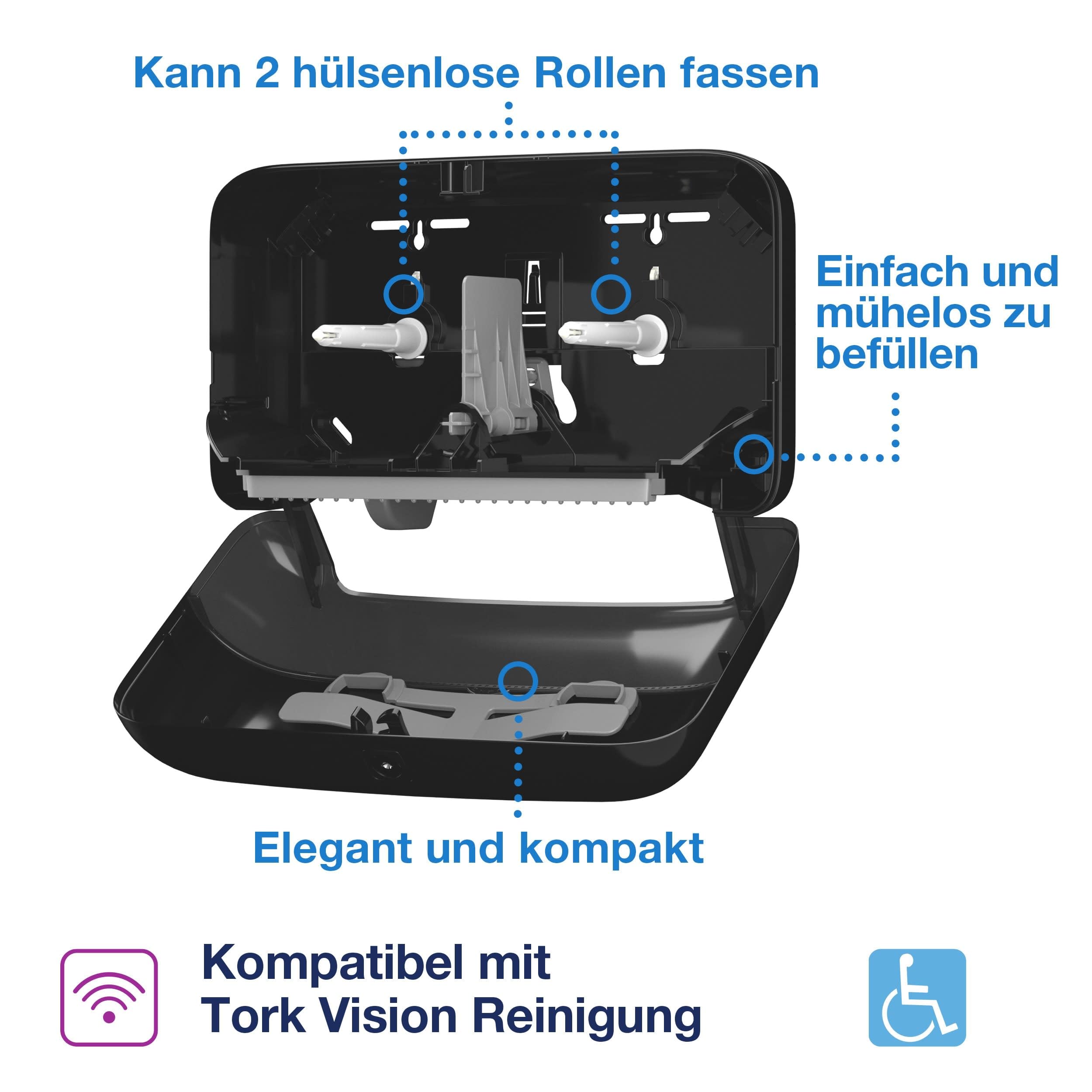 Tork OptiServe Doppelrollenspender für Hülsenloses Toilettenpapier Schwarz T7, horizontaler Toilettenrollenspender, Elevation Design, 558068