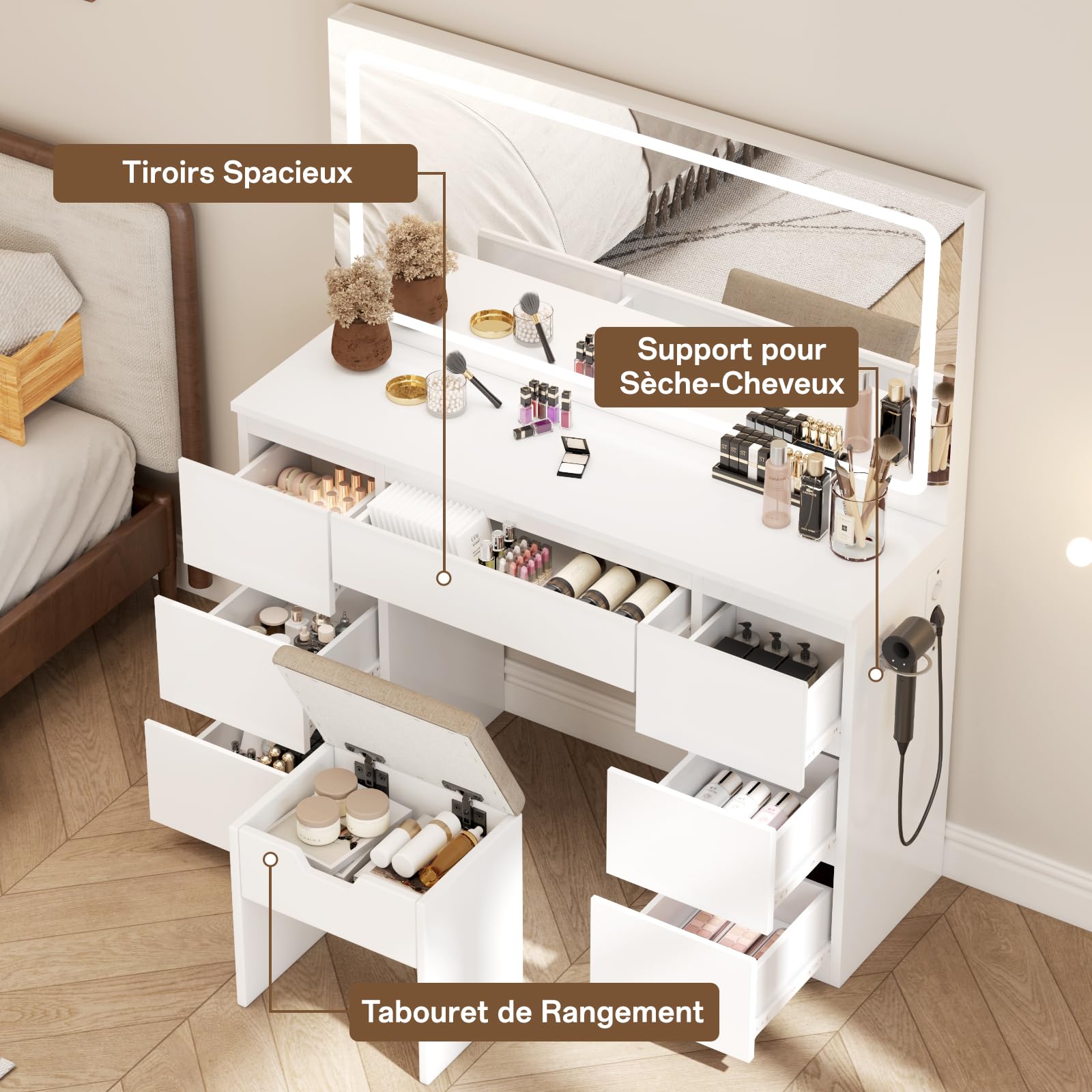 TRIUMPHKEY Coiffeuse avec Grand Miroir LED (115x60cm) et Tabouret Inclus, Table de Maquillage Moderne avec 7 Tiroirs, Station de Recharge et Éclairage Réglable, Meuble de Chambre à Coucher (Blanc)