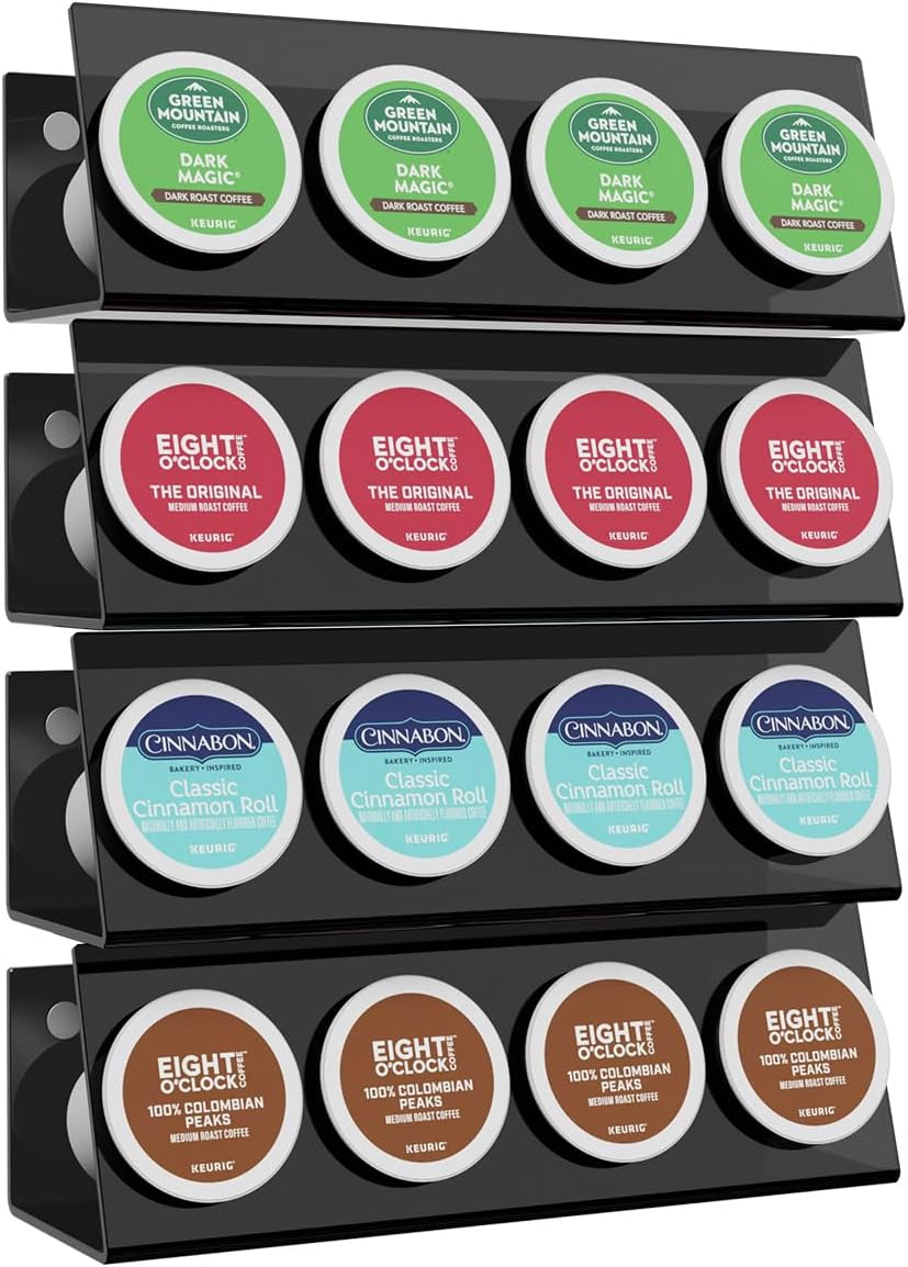 LifeMoreasy K Cup Holders, Acrylic Coffee Pods Organizer Stand Magnetic & Self-Adhesive Wall Mounted K Cup Stand for Kitchen Wall, Cabinet, Fridge (4 Pack for 16 Pods)
