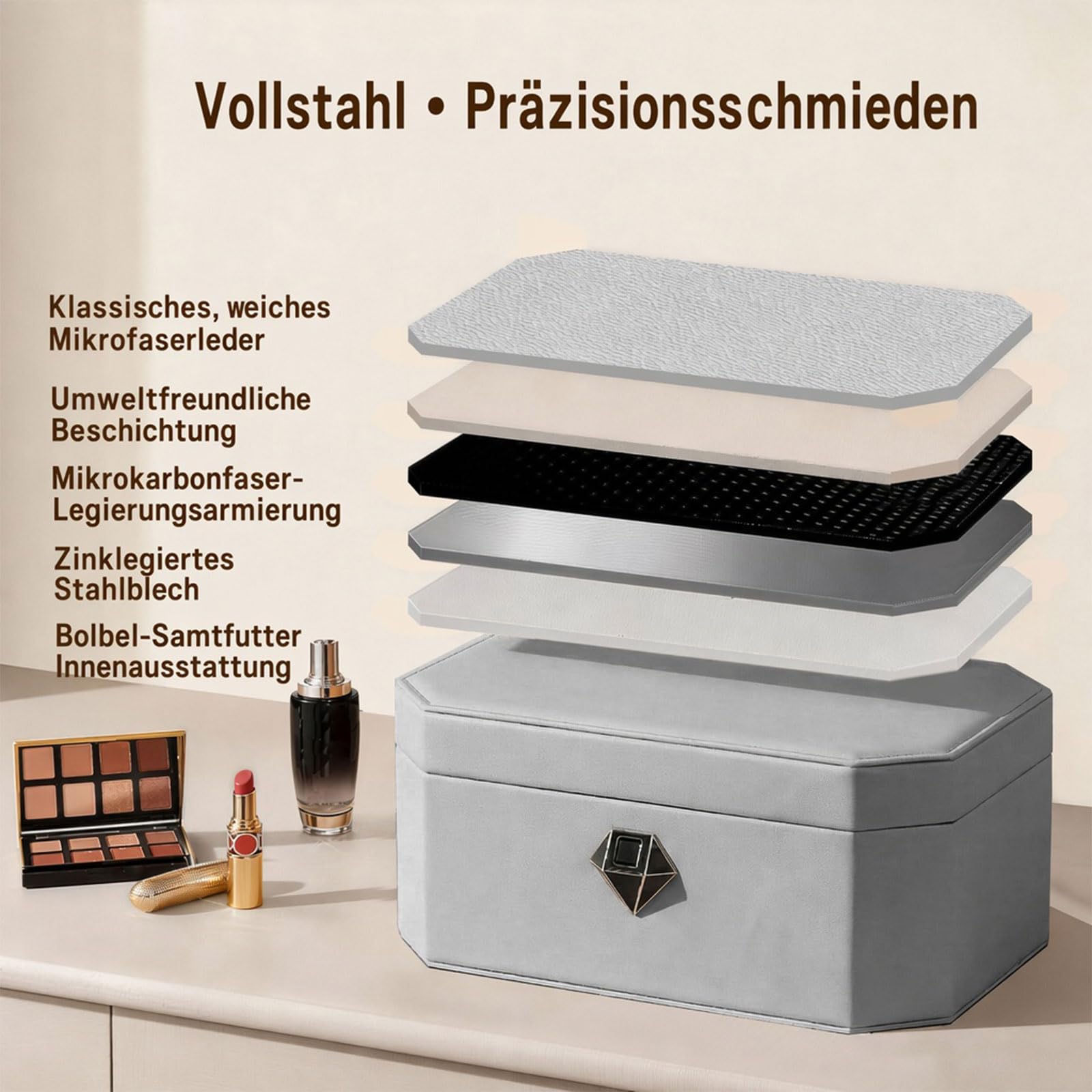 Coffre-fort à bijoux, coffre-fort biométrique pour empreintes digitales, boîte à bijoux enveloppée de cuir avec serrure, accès rapide et entrée sans clé (deux niveaux, gris)