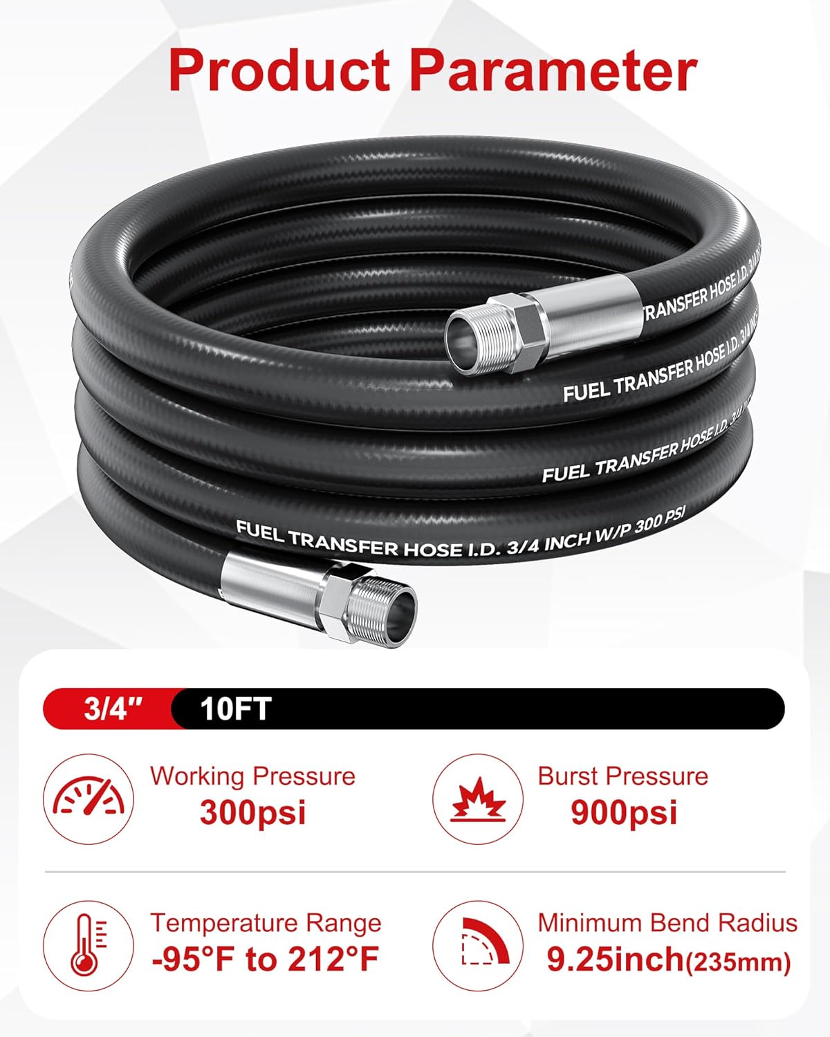POHIR 3/4" Fuel Transfer Hose 10FT 300PSI, Fuel Hose for Farm Diesel Gasoline Kerosene Biodiesel, Braided with Stainless steel