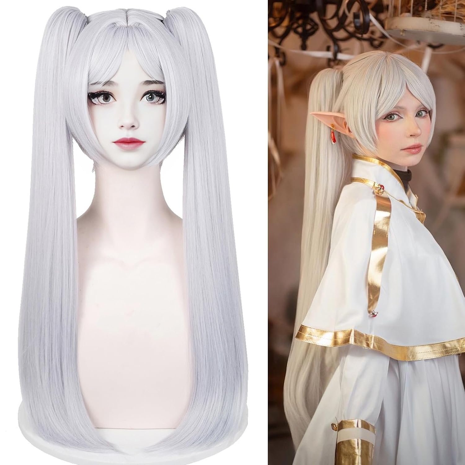 Aicos Frieren Cosplay Wig for Women Long Ponytail Silver White Wig - Halloween Party Hair from Frieren+Wig Cap