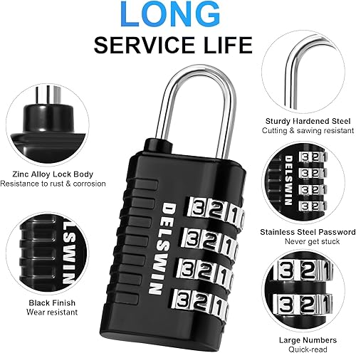 Miniatura 4 de DELSWIN - Candado de combinación de 4 dígitos pequeño - 4 piezas de candado combinado reajustable para casillero de escuela y gimnasio, exteriores,