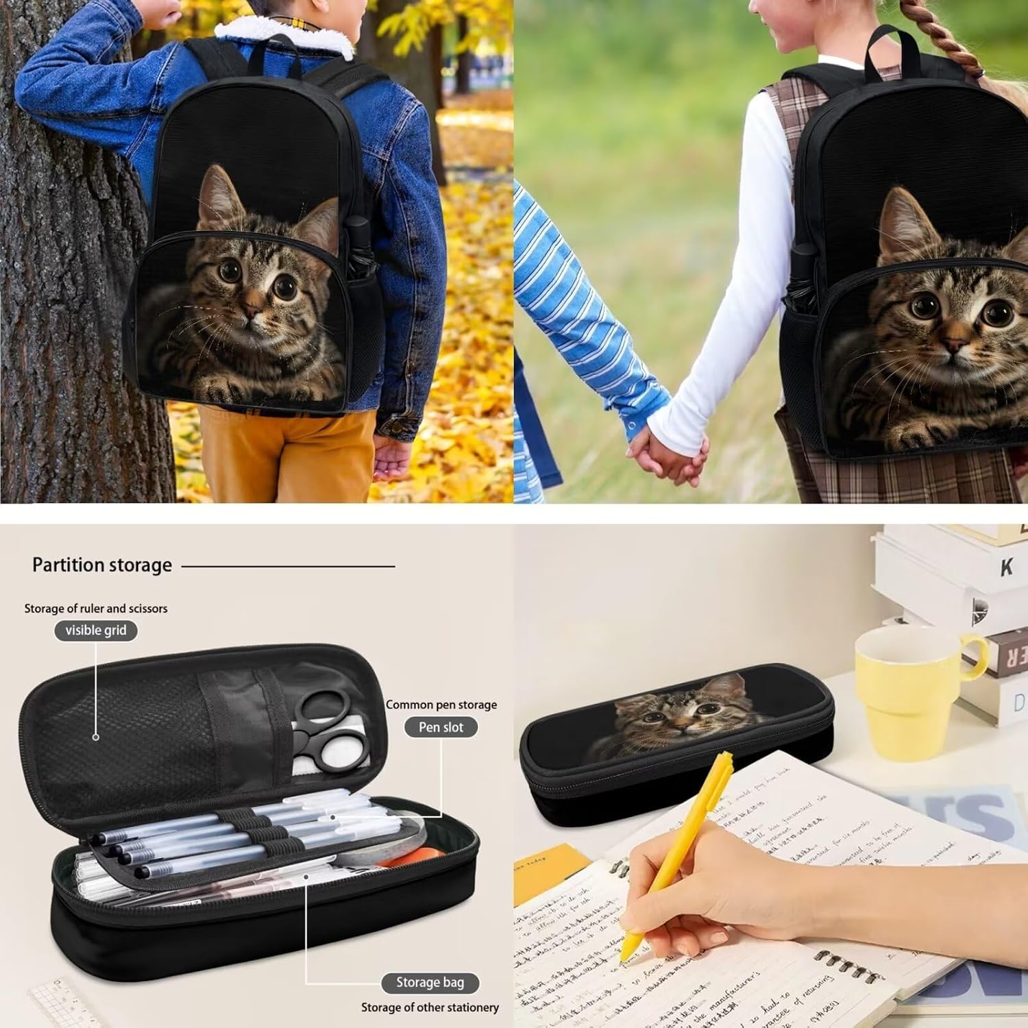 POLERO Cute Cat Backpacks for Cat Lovers Toddler Kindergarten School Bookbag Set 3D Print School Bags with Lunch Box for Girls Boys