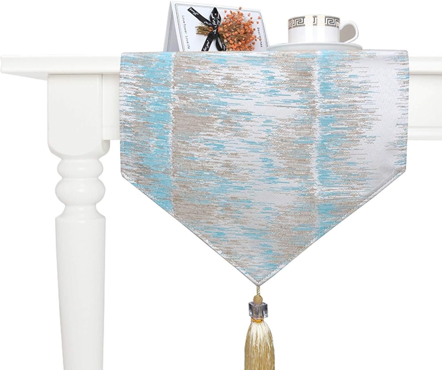 Table Runner Modern,35x183CM,Wood Pattern with Tassel Table Runner Modern Cotton,Table Runner Decor Blue