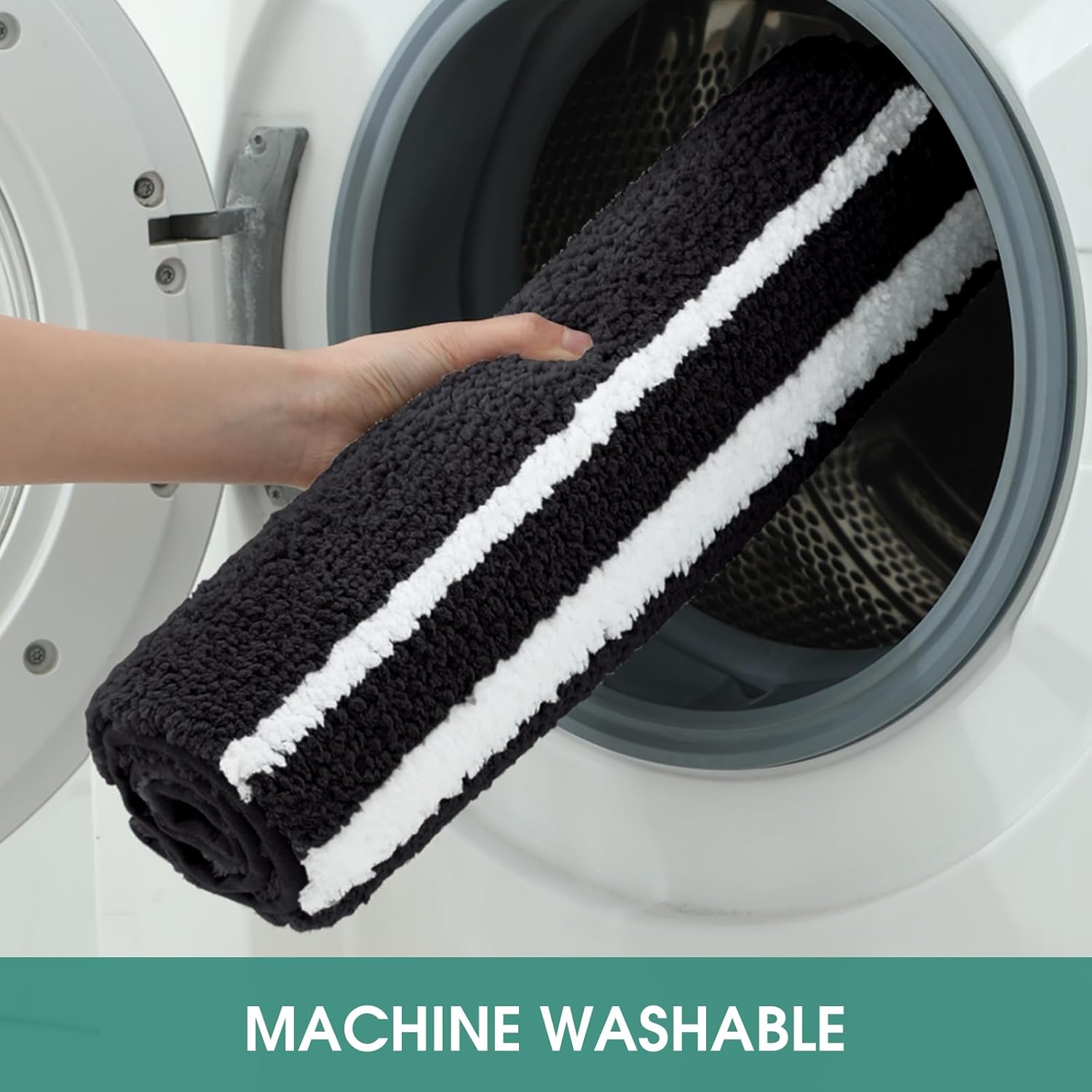 HOMEIDEAS Bathroom Rug Set 2 Piece, Striped Super Absorbent Soft Microfiber Non-Slip Washable Bath Mats for Shower and Tub (Black)
