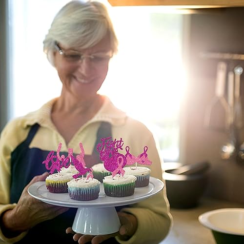 Miniatura 6 de Rsstarxi Paquete de 24 adornos para cupcakes con purpurina para concientización sobre el cáncer de mama, cinta rosa con purpurina para lucha contra