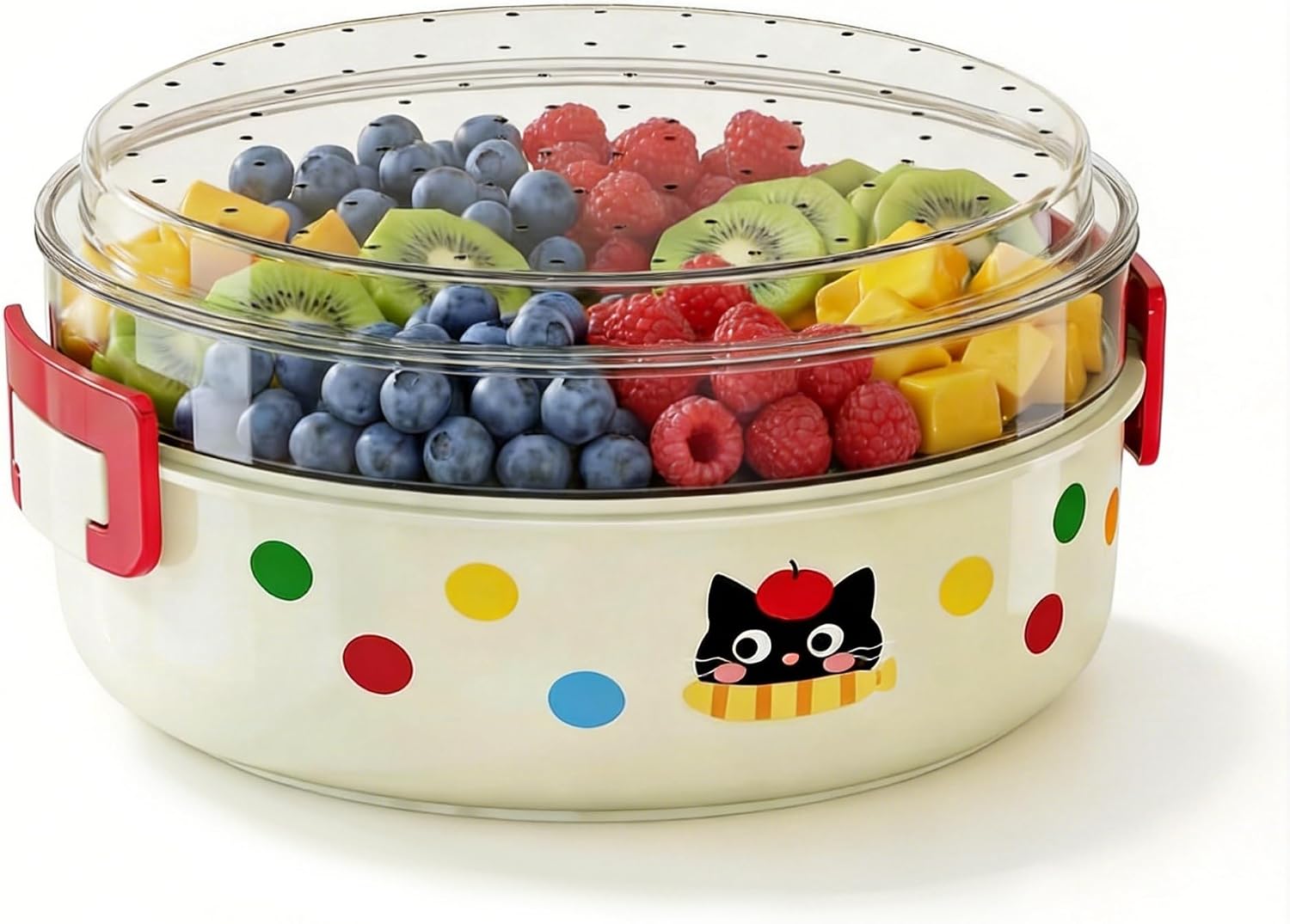 2 Tier Large Fruit bowl for Kitchen Counter with Colander & Serving Bowl Set, Fruit basket for living room with Handle, Fruit holder for Bread Snack Veggies with lids (Fruit)