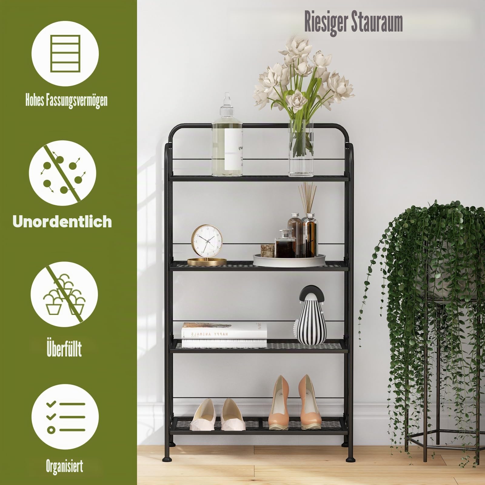 HOMASIS Pflanzregal mit 4 Ebenen, Klappbarer Pflanzenständer aus Metall, Blumenregal mit verstellbare Ablagen, Mehrzweckregal Blumentreppe Pflanzentreppe für Balkon, Garten, 60 x 25 x 100 cm, Schwarz