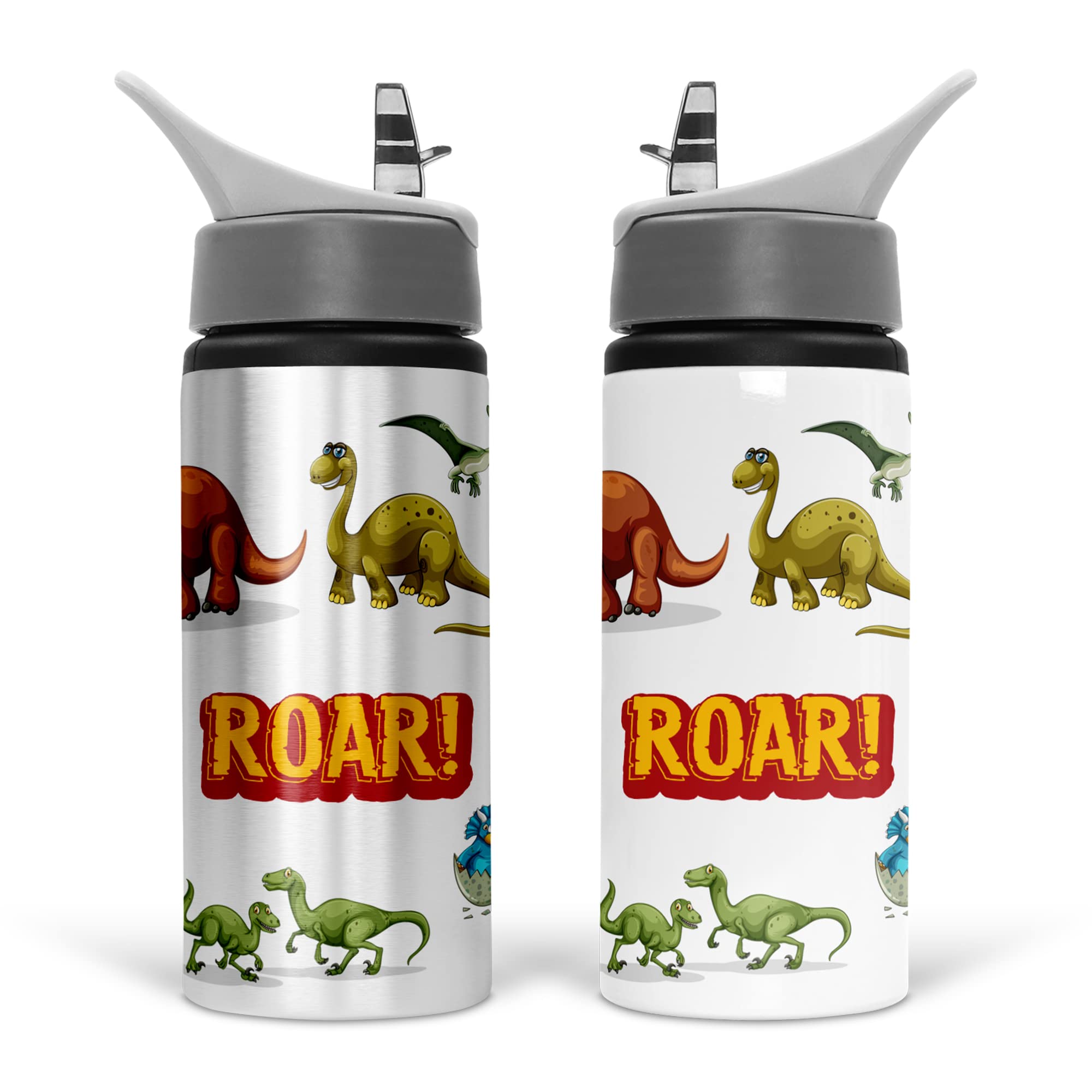 Print Maniacs Personalised Dinosaur Water Bottle School Sport Drink 600ml Leakproof Spill Proof Aluminium Hot Cold Flip up Kid Boys Girls Biking Gift (No Name)