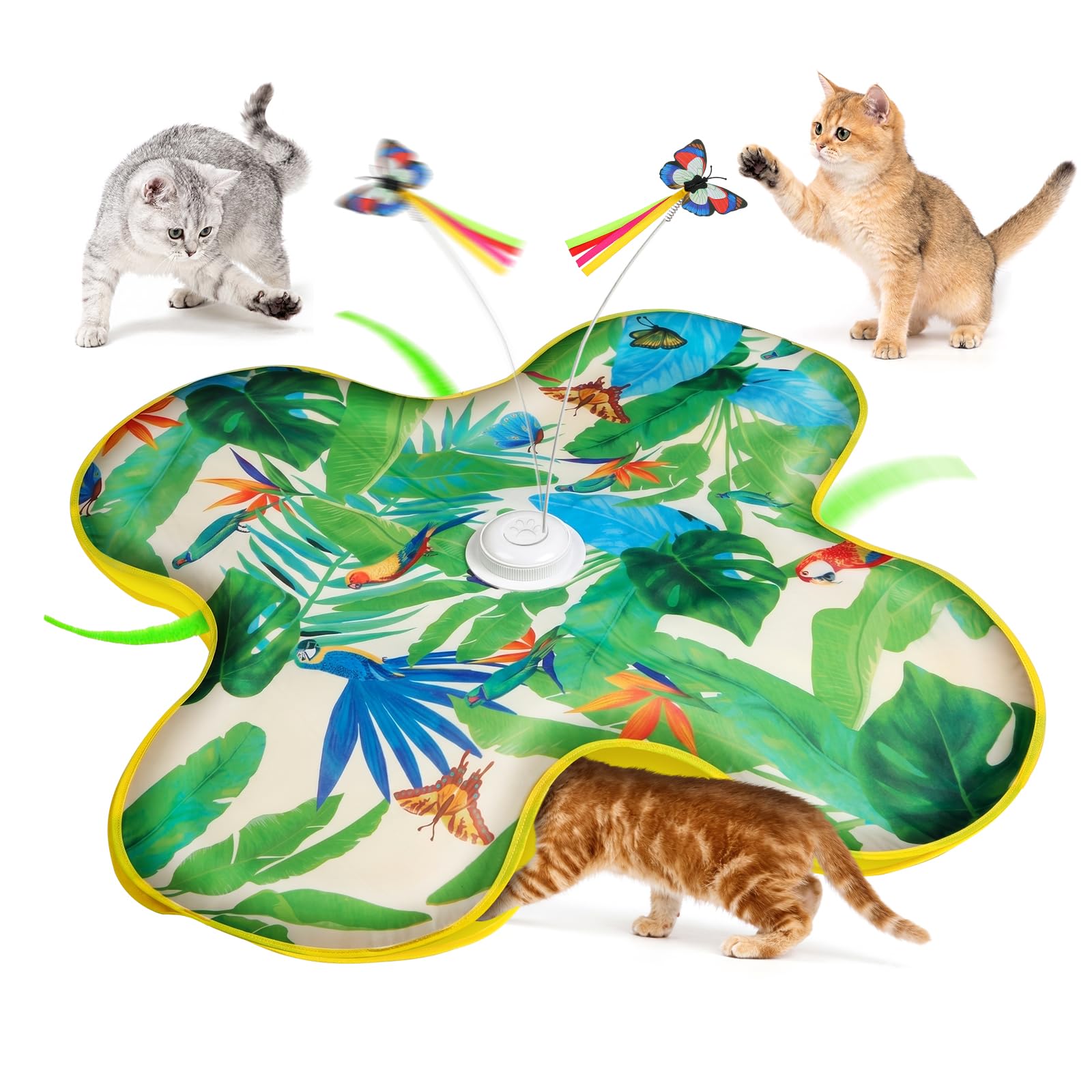 AUYAO Interactive Cat Toy Hide and Seek for Indoor, Moving Concealed Wand Feather, Automatic Cat Toys Play Mat with Feather and Butterfly for Kittens & Adult Cats Enrichment