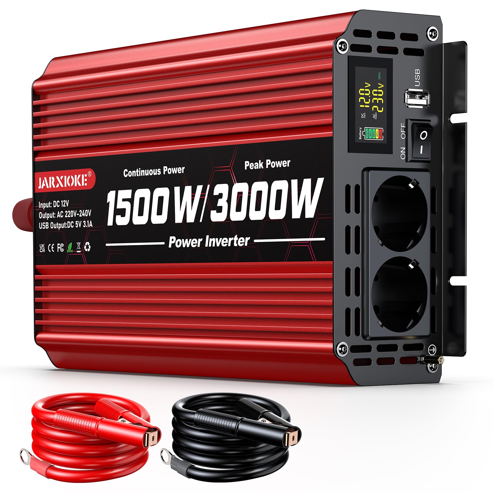 1500W Wechselrichter DC 12V auf AC 230V Spannungswandler 2 AC Steckdose & USB Port Stromwandler mit LCD Display,Power Inverter für Auto KFZ Wohnwagen LKW