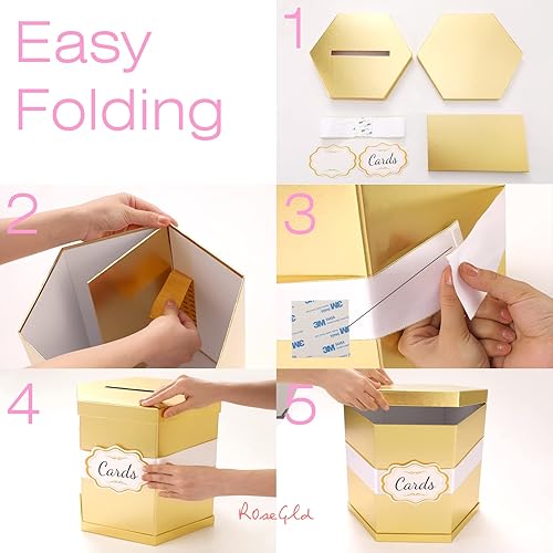 Miniatura 5 de ROSEGLD Caja de tarjetas, caja de recepción de tarjetas con cinta de 14 x 12 x 12 pulgadas, elegante soporte para tarjetas para bodas, graduaciones,