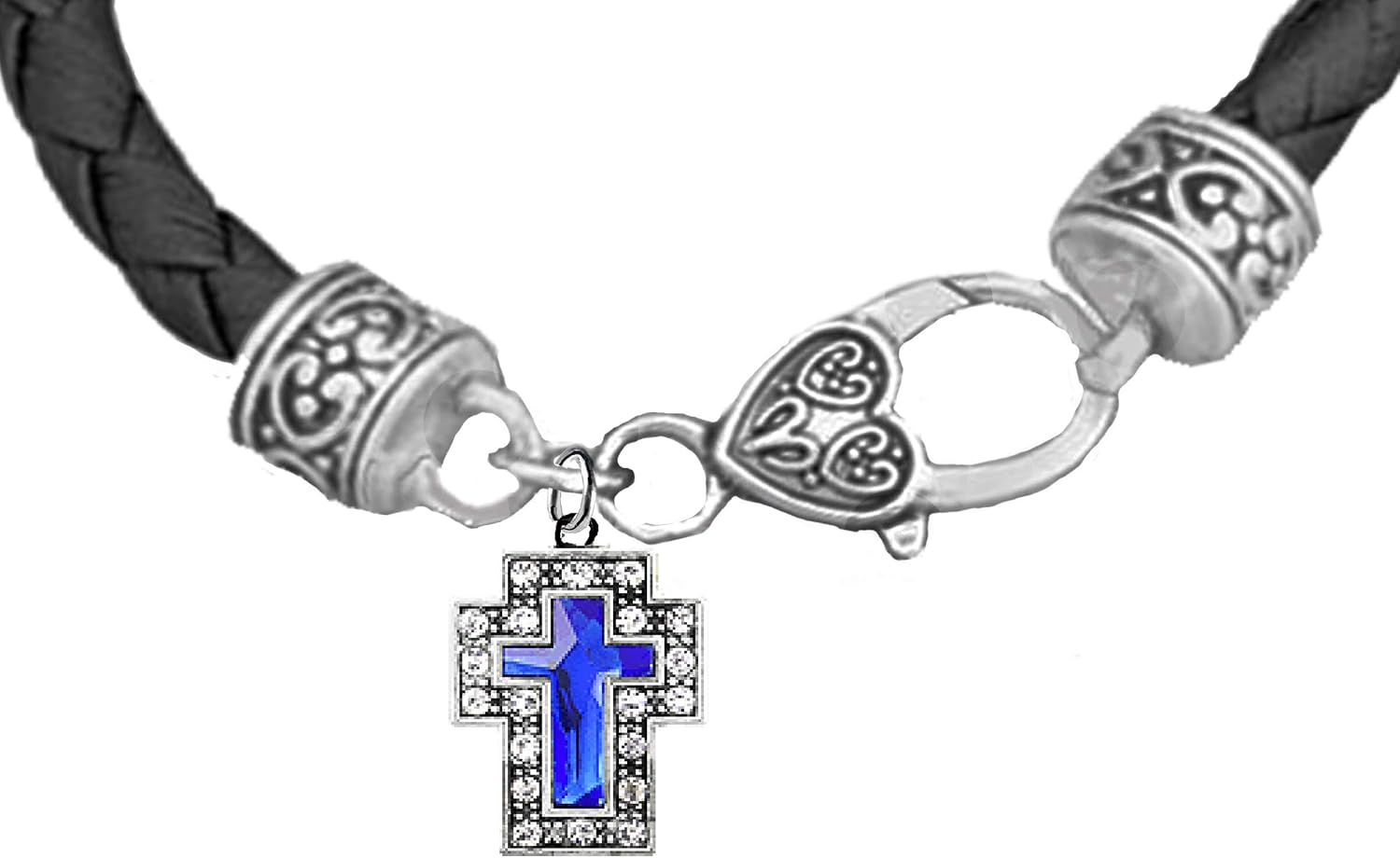 Blue Genuine Crystal Cross, On A Genuine Black Leather Bracelet, Hypoallergenic, Safe-No Nickel, Lead, Or Poisonous Cadmium In Bracelet