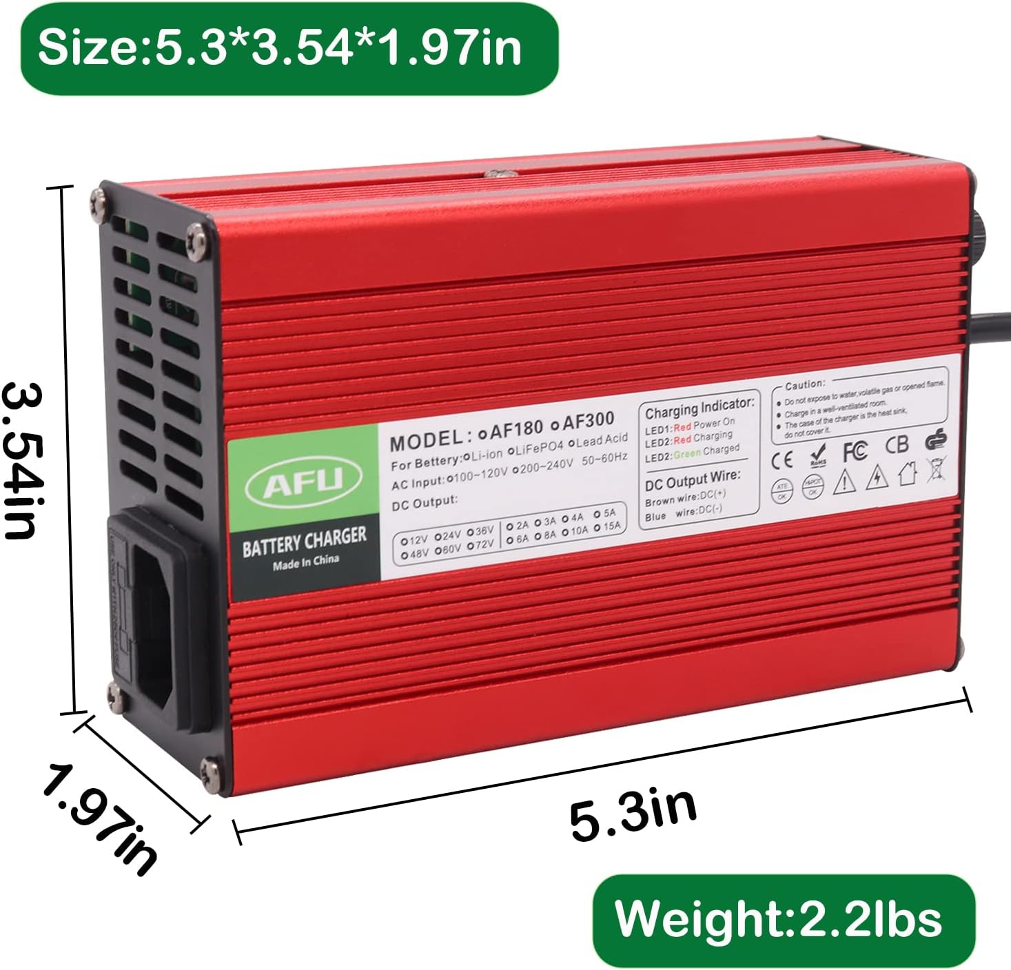 14.6V 15A Charger 14.6V LiFepo4 Battery Charger for 4S 12V LiFepo4 Battery Red Aluminum Case with Alligator Clip