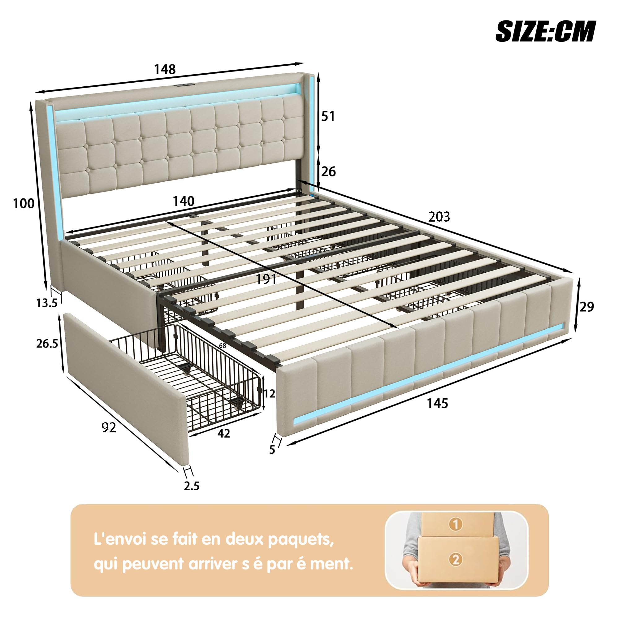 LIVLUX Lit 140x190 avec Sommier LED et USB,lit Double rembourré avec sommier à Lattes et 4 Tiroirs,lit 2 Personnes pour Adultes et Adolescents,Lin (Beige, 140 x 190 cm)