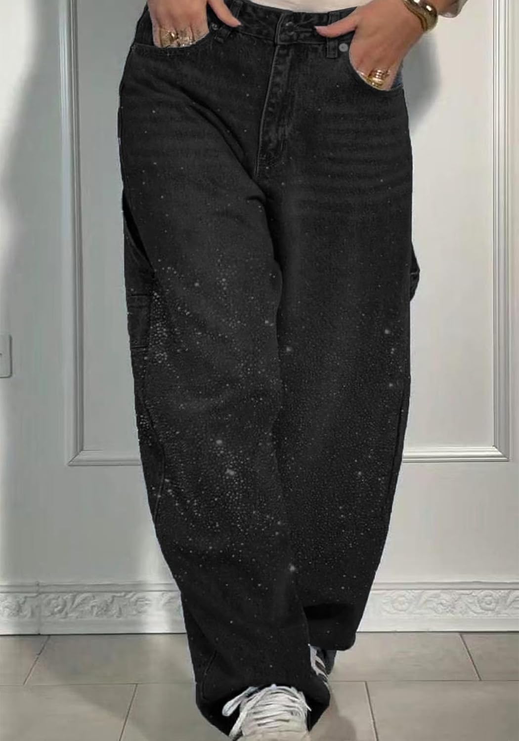 Unybwonn Women's Barrel Jeans Wide Leg Bling Bedazzled Denim Pants Baggy Mid Waist Ankle Jeans Trendy