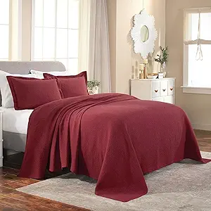 Superior Cotton Fleur De Lis Bedspread Set, Warm Blankets, All-Season Bedding, Bedroom Decor, Decorative Boho Medallion Coverlet, Includes 1 Bedspread, 1 Pillow Sham, Twin, Garnet