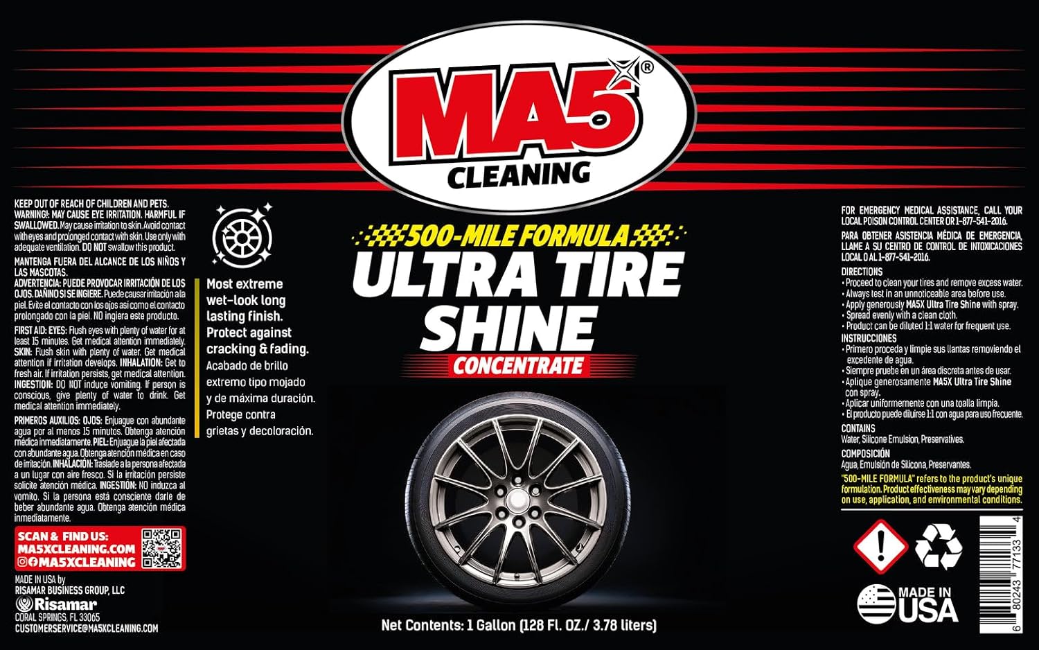 MA5X Ultra Tire Shine | Wet-Look Car Tire Shine Spray & Protectant | Tire Black Finish, No-Sling Formula, Professional Concentrated Shine | Gallon Refill | Pack of 1