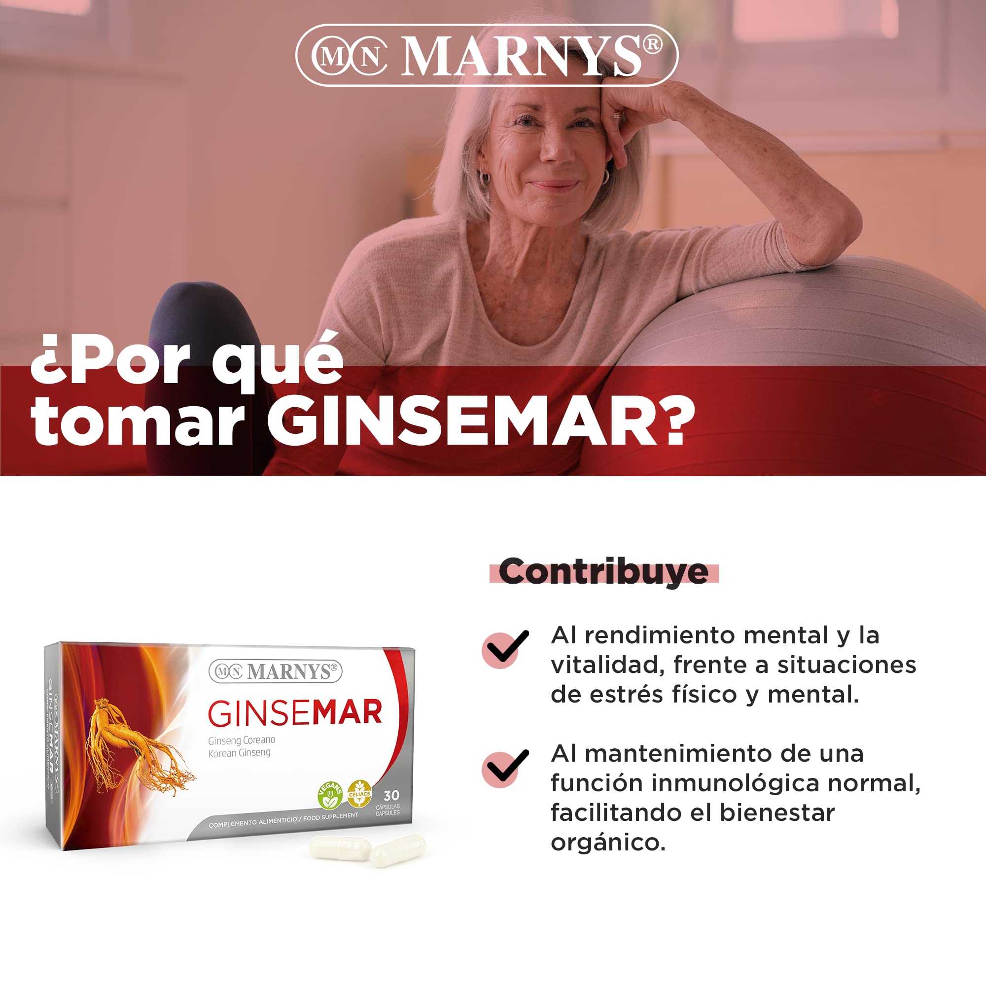 Marnys Ginsemar, Con Ginseng Coreano, Rendimiento Mental y Físico, Disminuye el cansancio y fatiga, Para situaciones de estrés, 30 Cápsulas