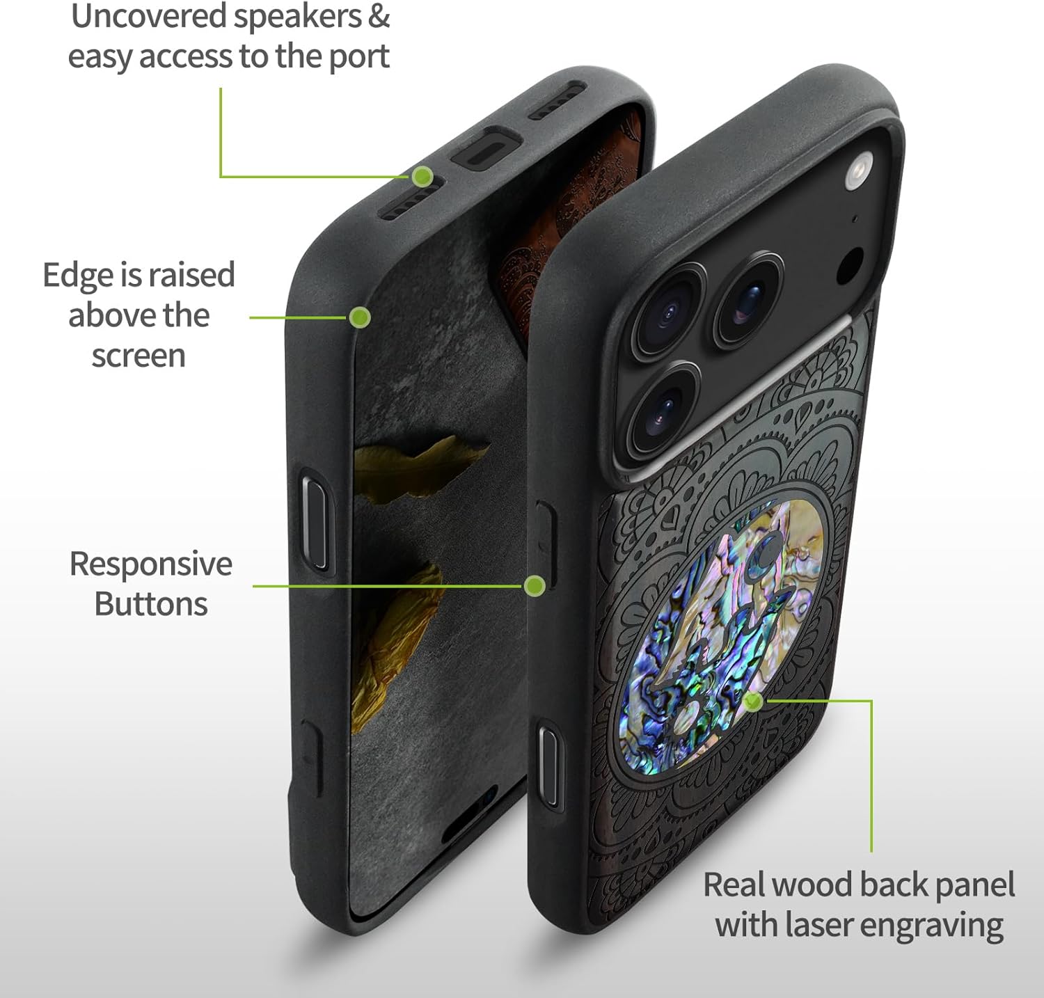 Carveit Magnetic Case for iPhone 17 Pro Max Case, Wood Artisan Engraved & Handmade Shell Inlaid, TPU Shockproof Cover, Compatible with MagSafe Wireless Chargers (Shell Yin Yang Wolf-Blackwood)